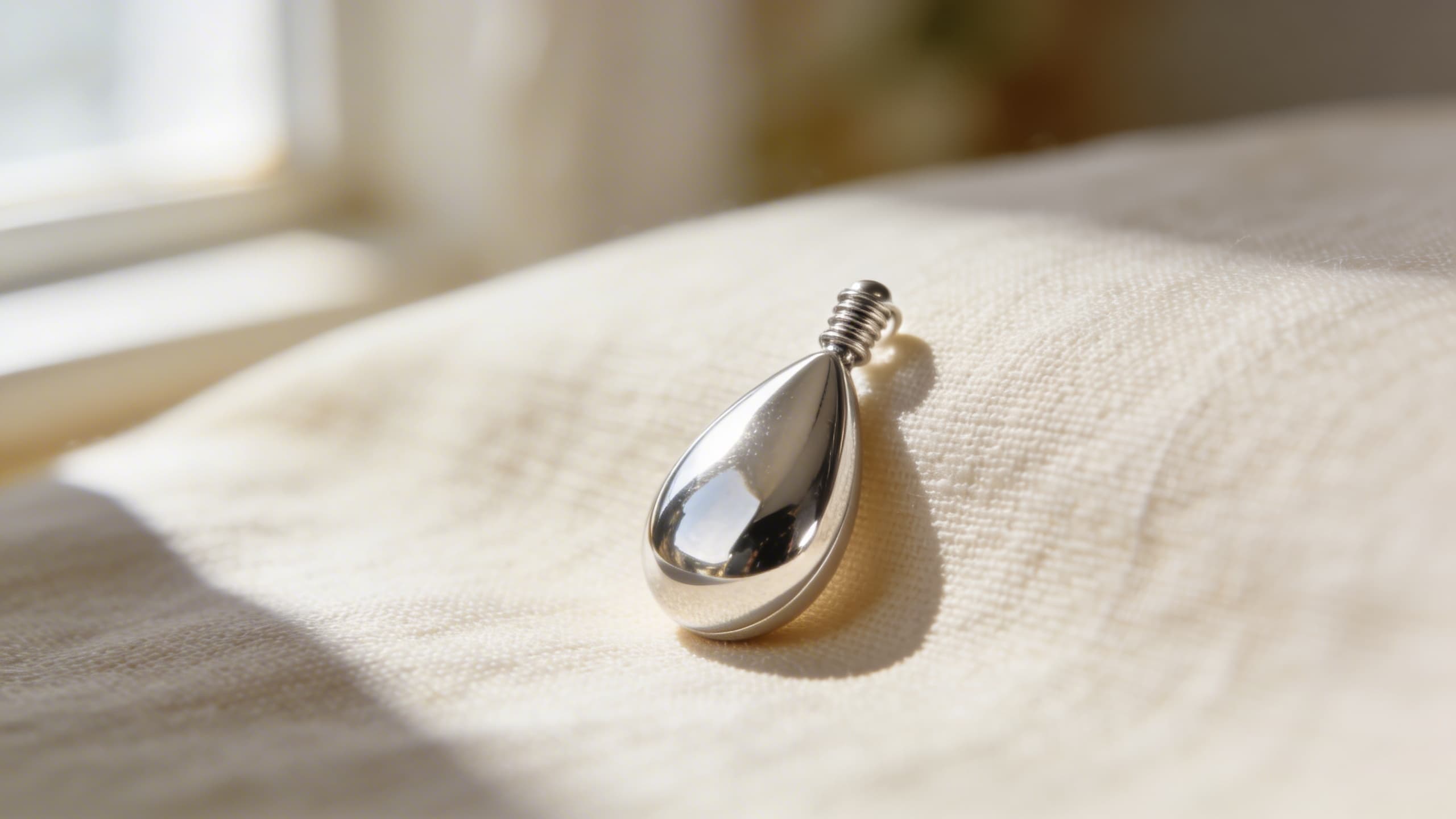 An elegant sterling silver teardrop cremation pendant displayed on a soft white surface with dried flowers beside it
