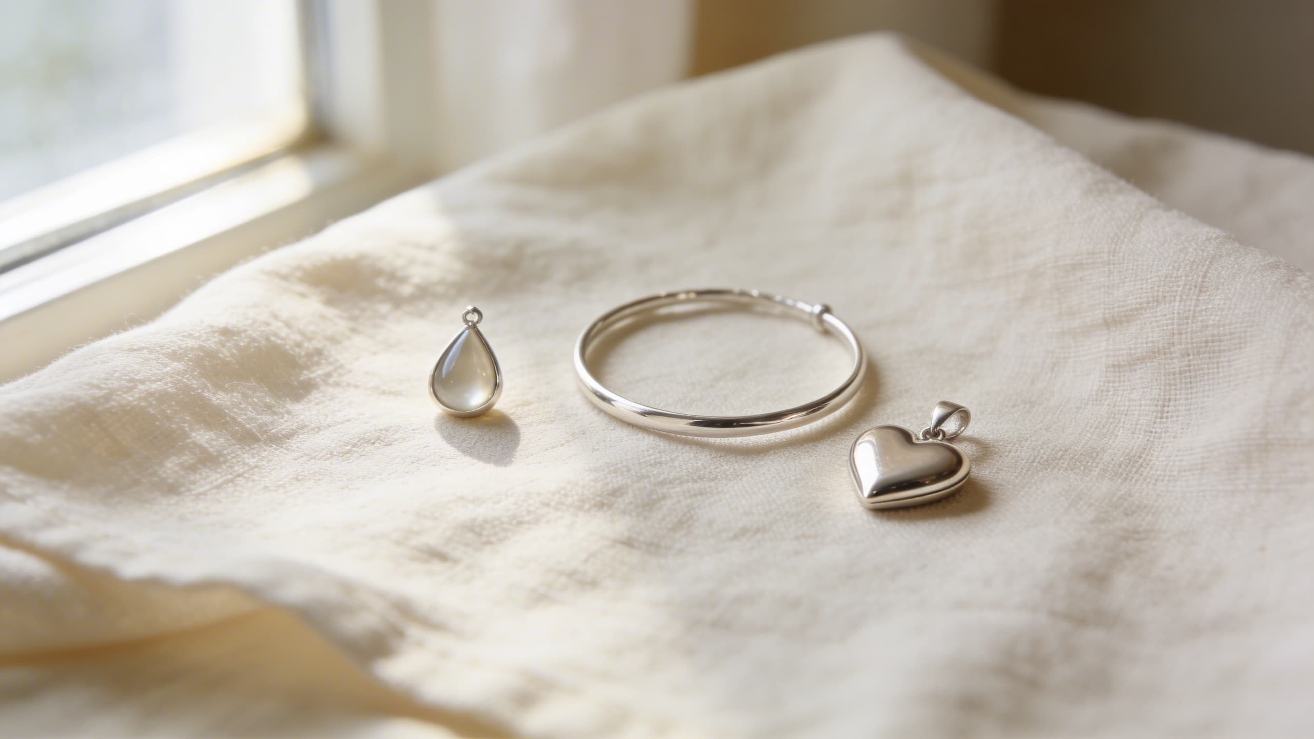 Soft collection of cremation jewelry pieces โ pendants, a ring, and a bracelet โ arranged on cream linen with warm natural light