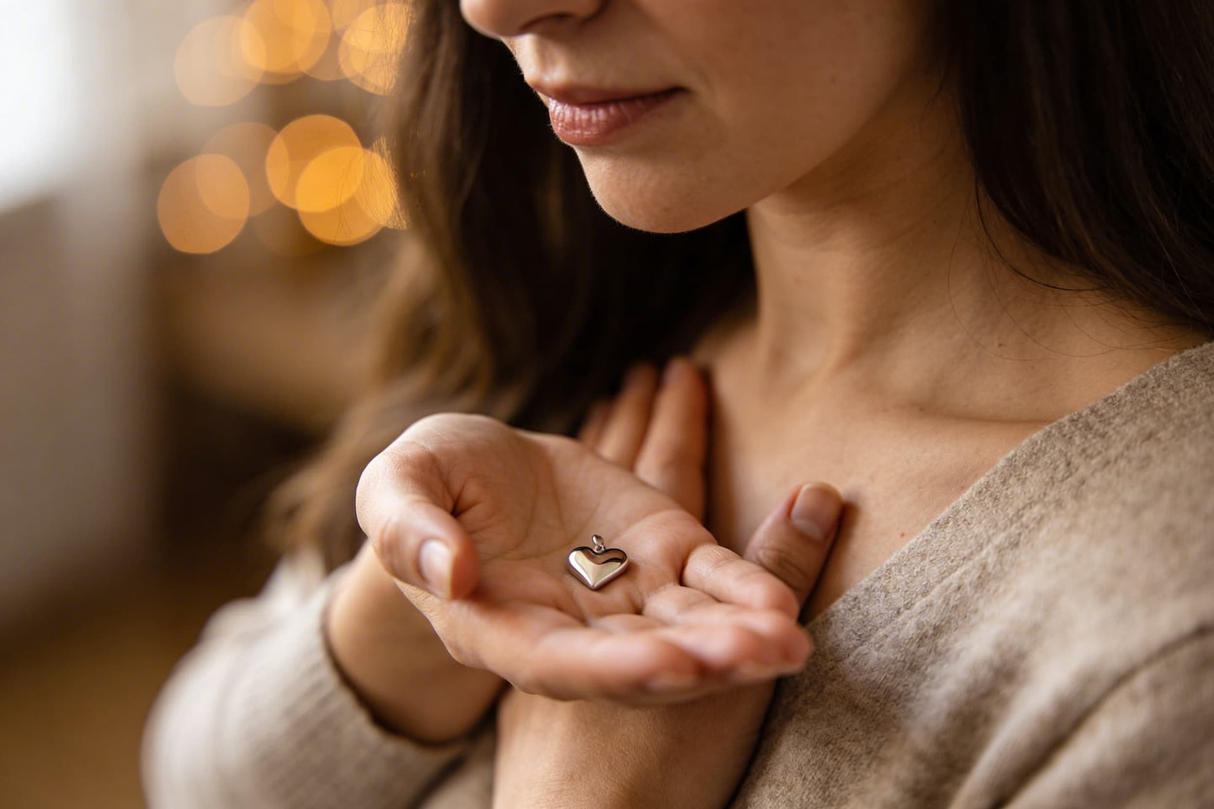 A woman gently holding a small heart-shaped cremation pendant in her cupped hands, soft warm bokeh background