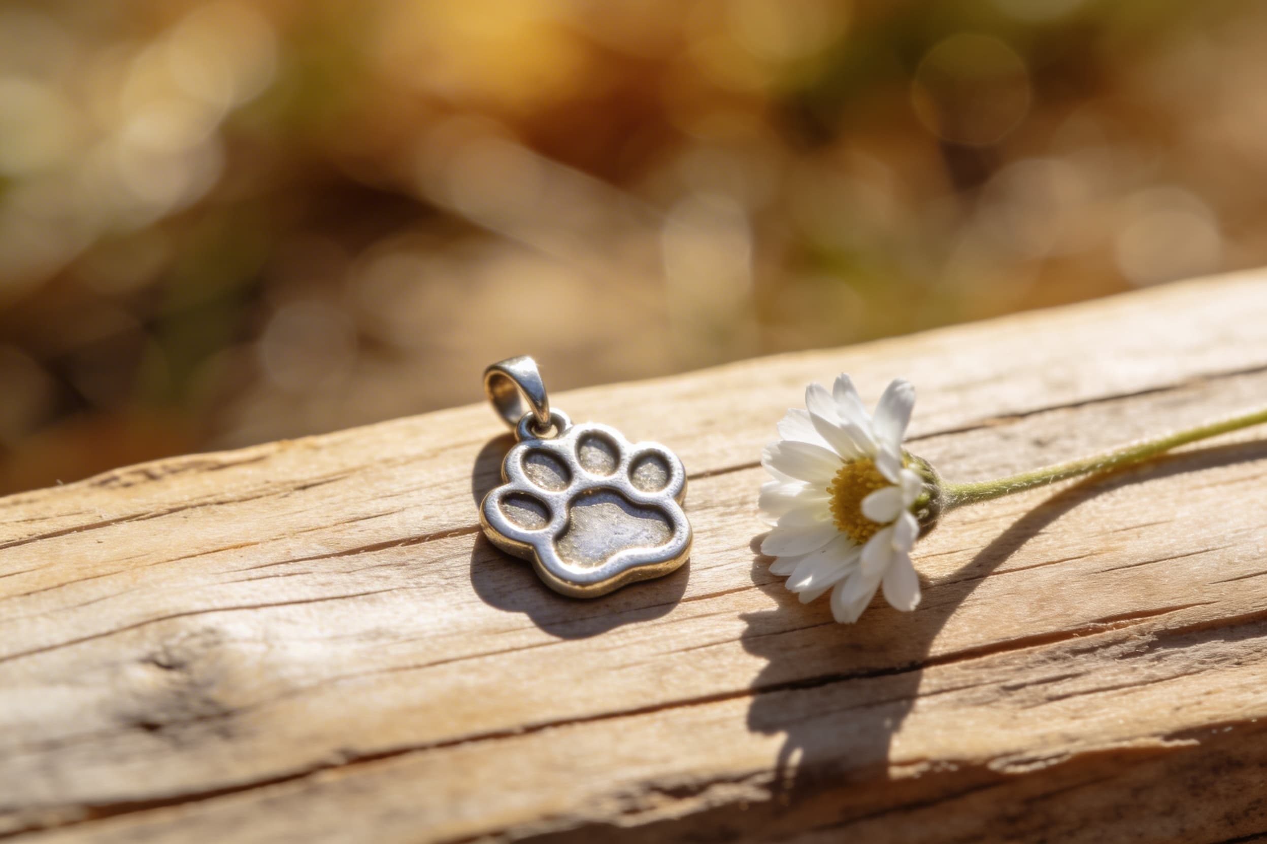A small pet cremation pendant with a paw print design resting on a natural wood surface beside a single wildflower, soft natural light