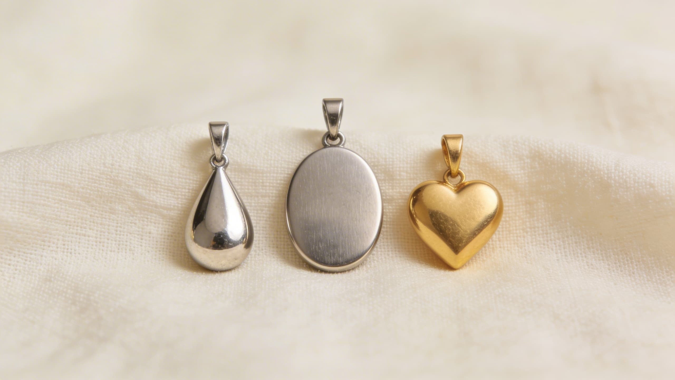 Close-up of cremation jewelry pieces in sterling silver, gold, and stainless steel arranged on a soft cream fabric