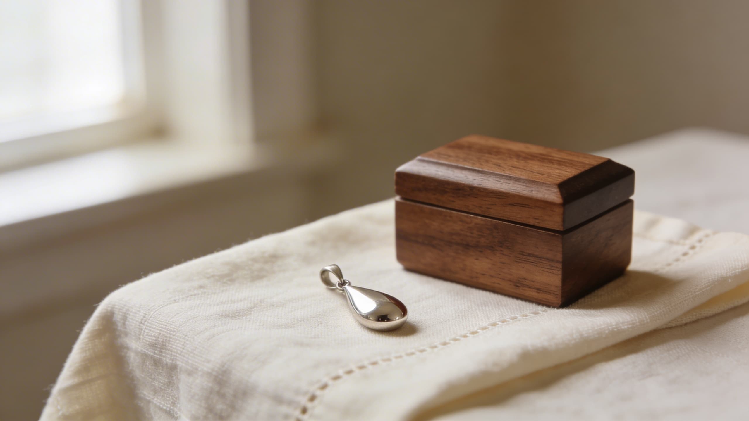 A small silver cremation pendant and a walnut keepsake urn displayed together on a linen cloth in soft natural light