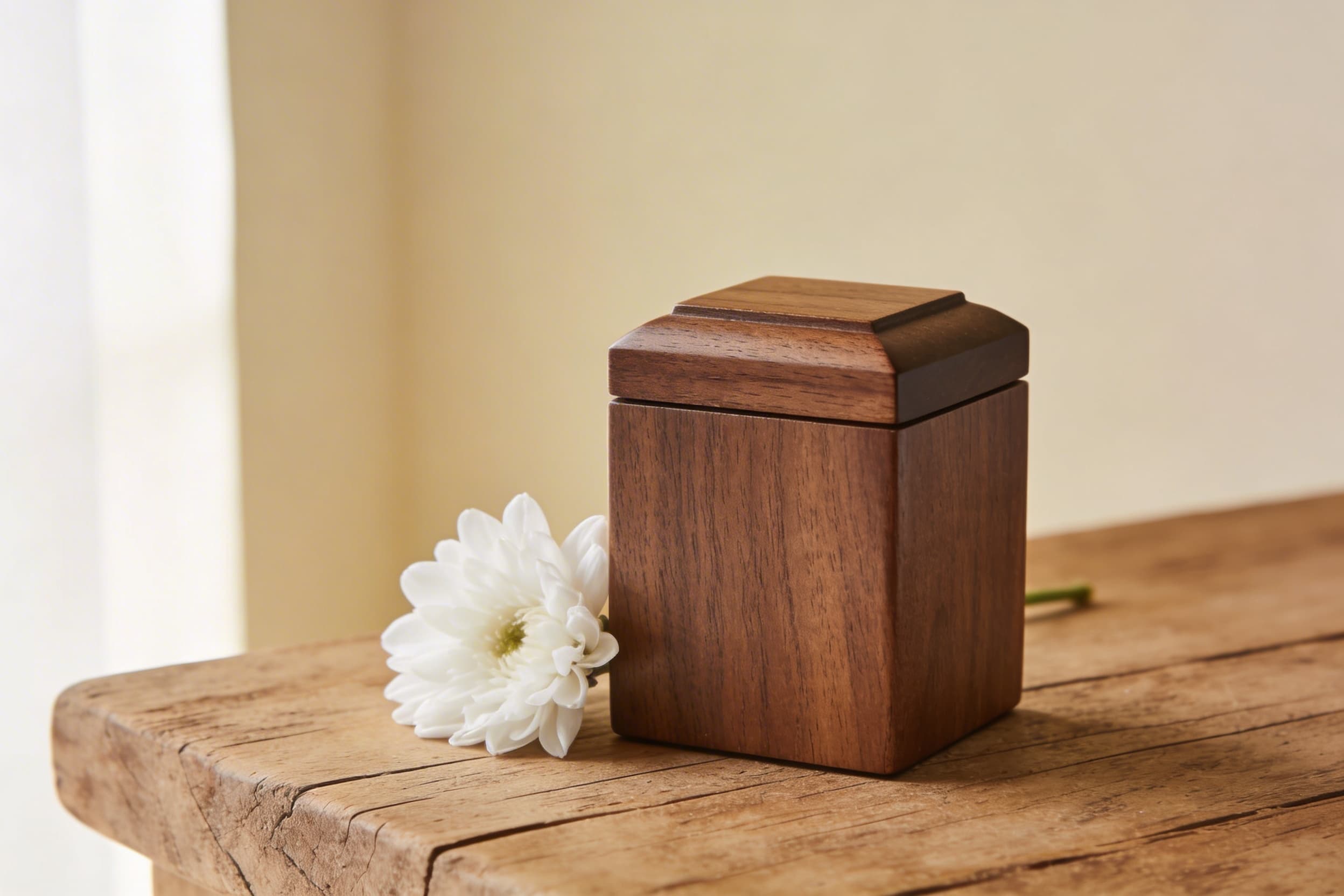 A small walnut wood keepsake urn on a wooden surface next to a single white flower, natural window light from the side