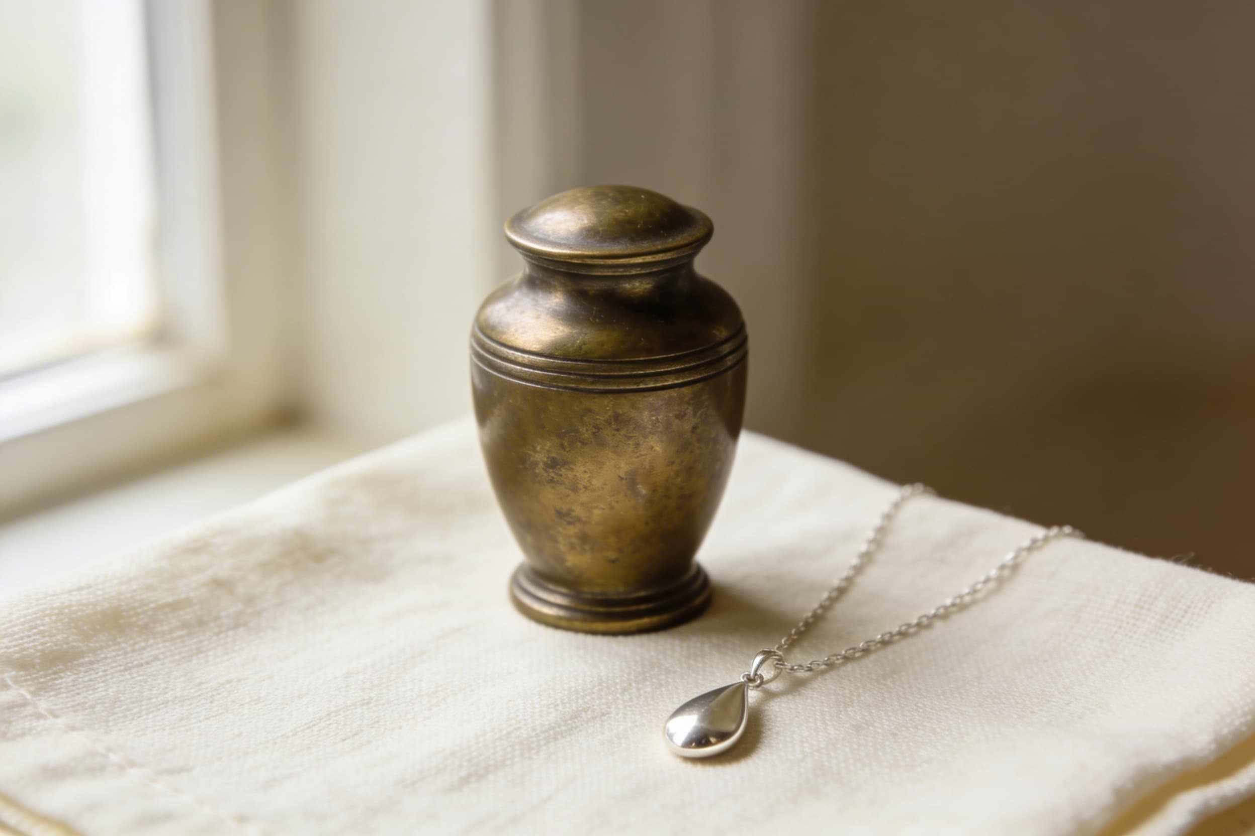 A small bronze keepsake urn and a silver cremation necklace laid side by side on a cream linen cloth, soft diffuse light
