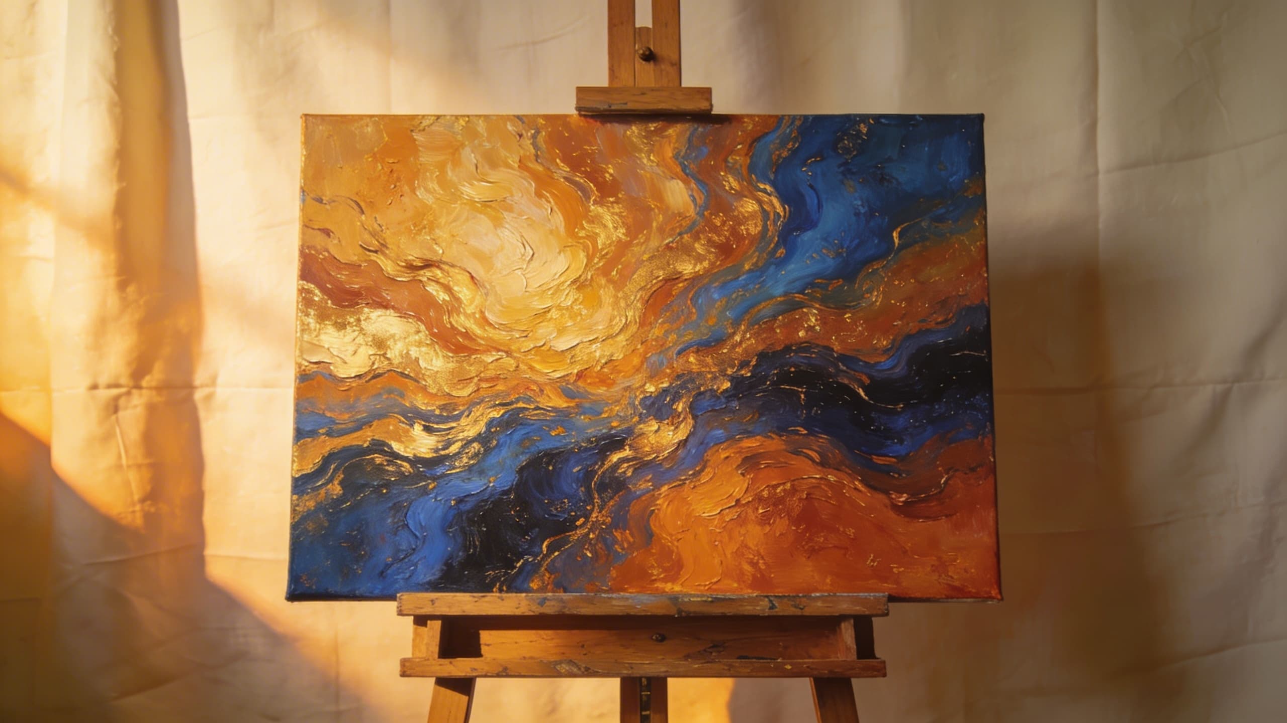 A vibrant abstract oil painting displayed on an easel in a warm, softly lit studio โ a cremation art painting created as a memorial tribute