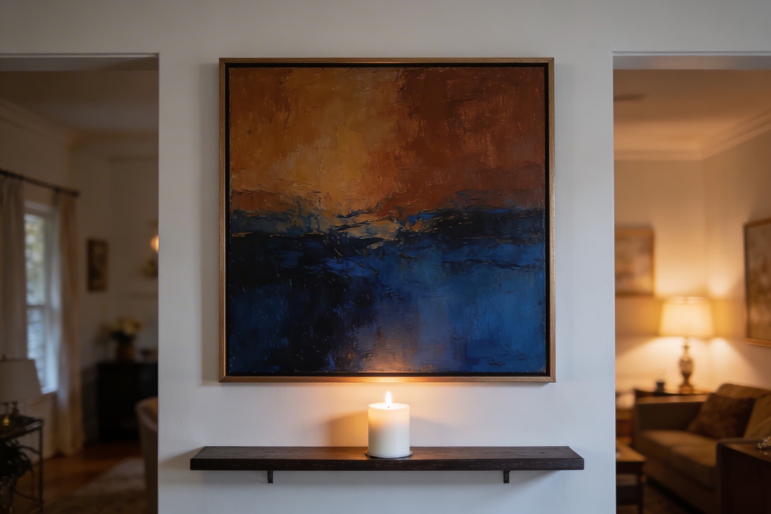 A finished abstract cremation memorial painting in vibrant warm tones displayed on a white wall above a mantelpiece, with a single candle below, in a cozy home interior