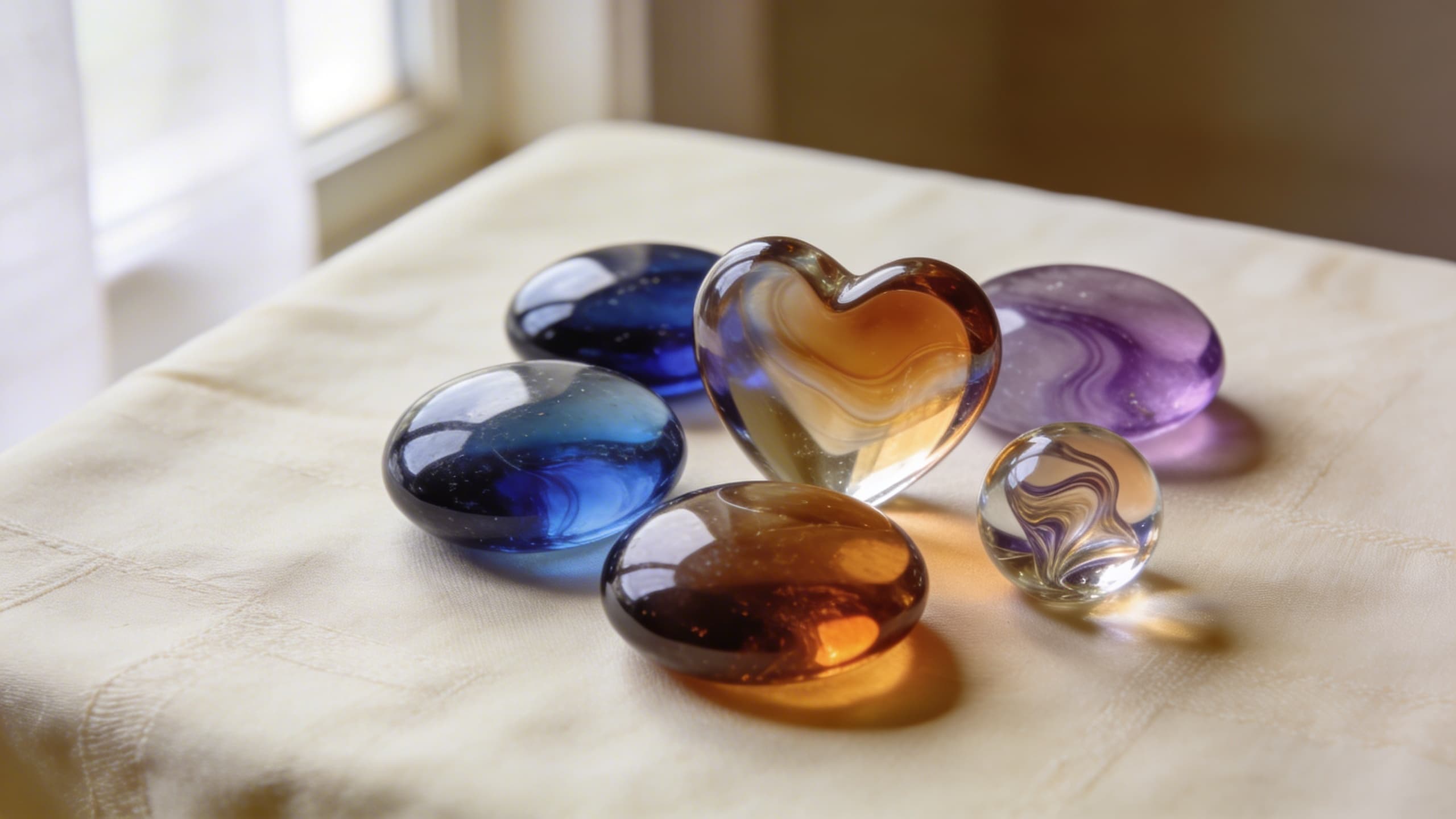 A collection of cremation touchstones, ash hearts, and small memorial sculptures arranged on a soft linen surface in warm natural light