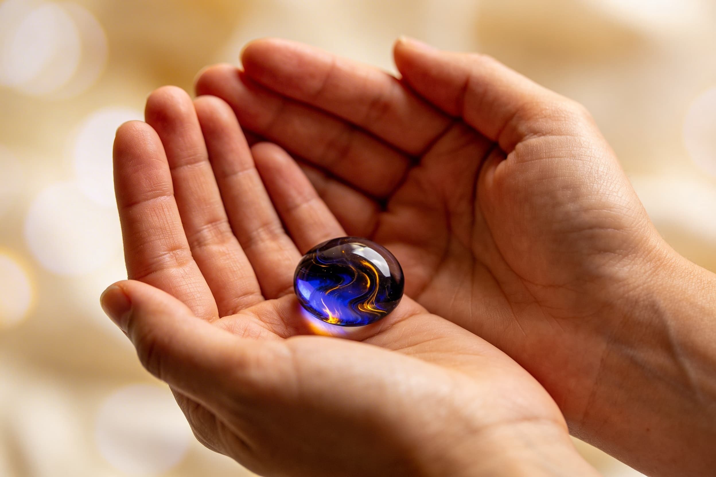 A person cradling a small glass cremation touchstone in both palms, soft warm bokeh background