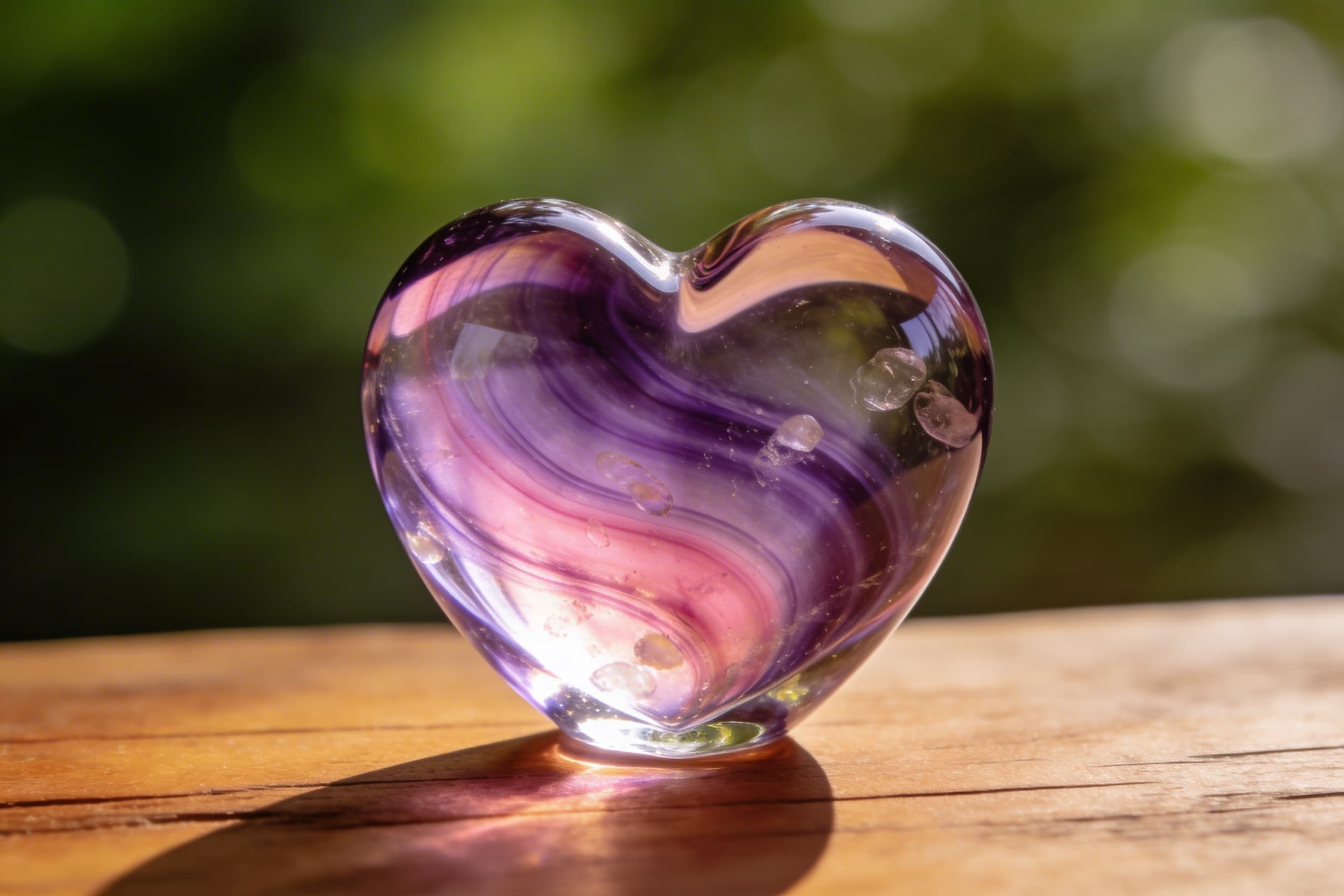 A small heart-shaped cremation ash keepsake resting on a rustic wooden surface with soft green bokeh background