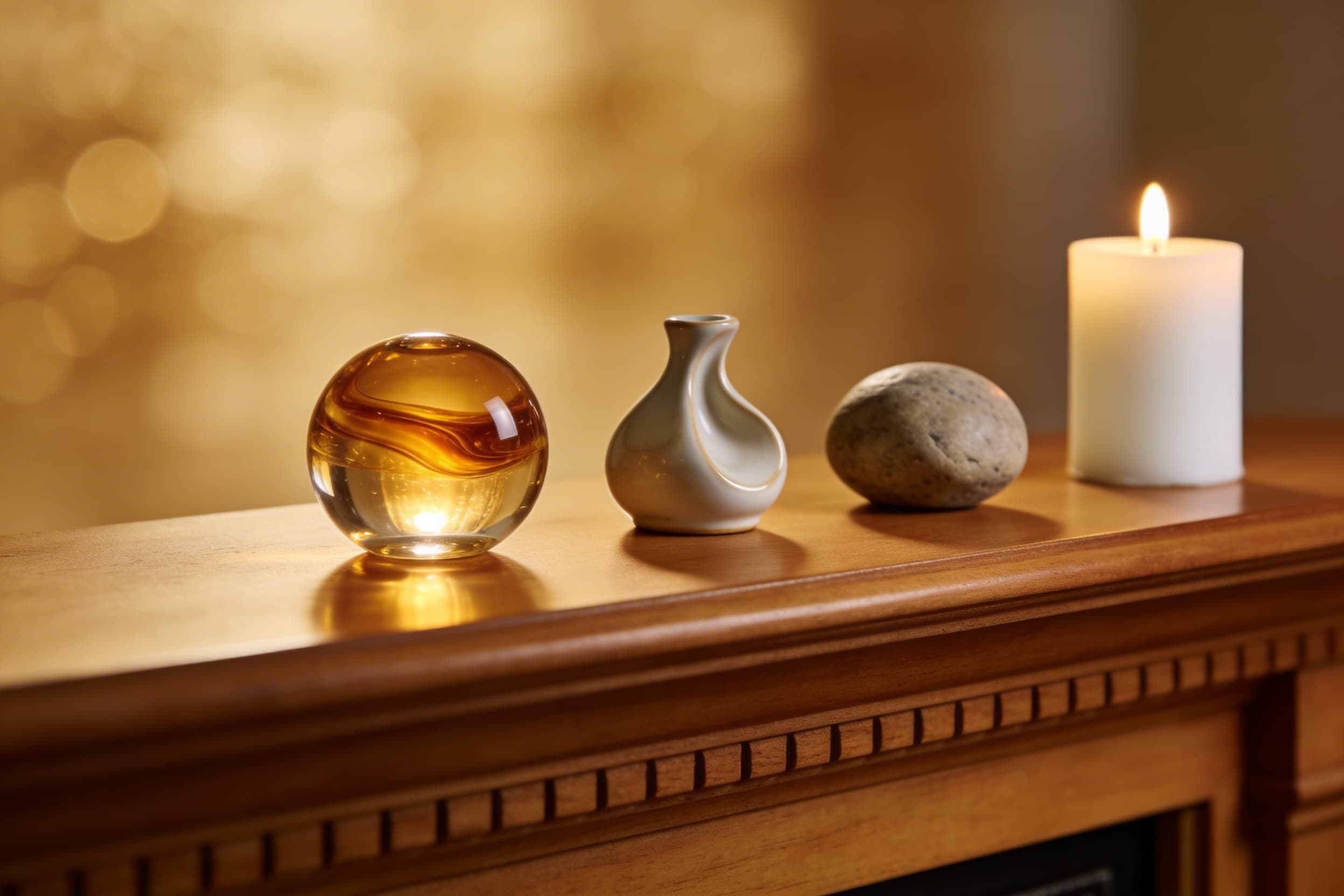 Three small cremation memorial sculptures – orb, angel, and abstract form – displayed on a warm-toned mantelpiece with soft candlelight