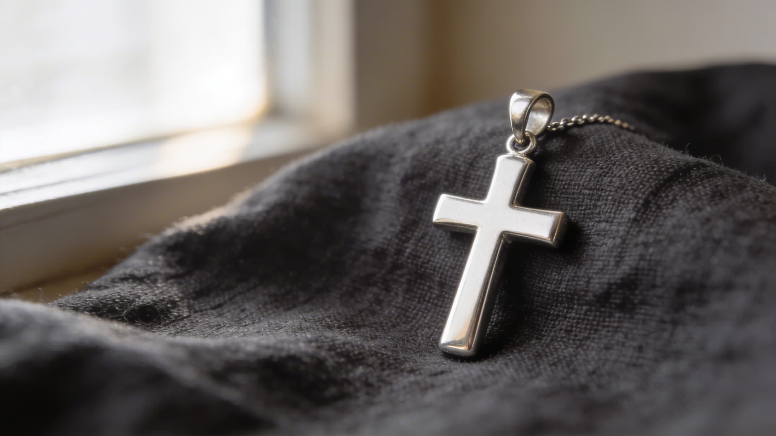 A sterling silver cross cremation pendant resting on dark linen fabric in soft window light, dignified and peaceful composition