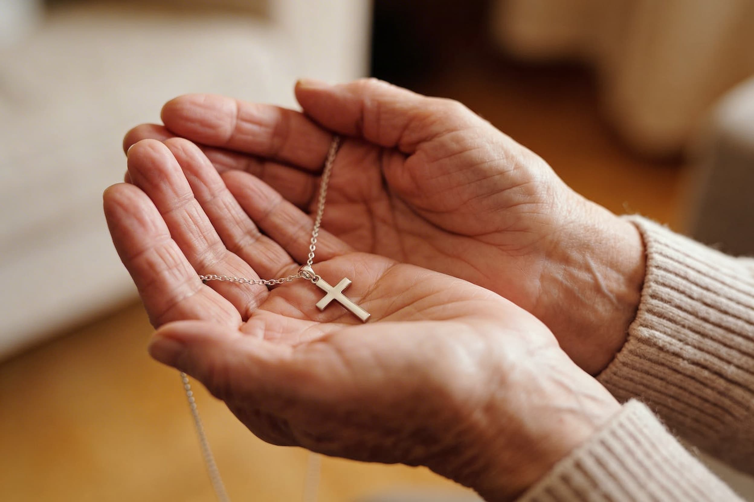 Gentle hands holding a small silver cross pendant in warm natural light, soft focus background, dignified and peaceful composition
