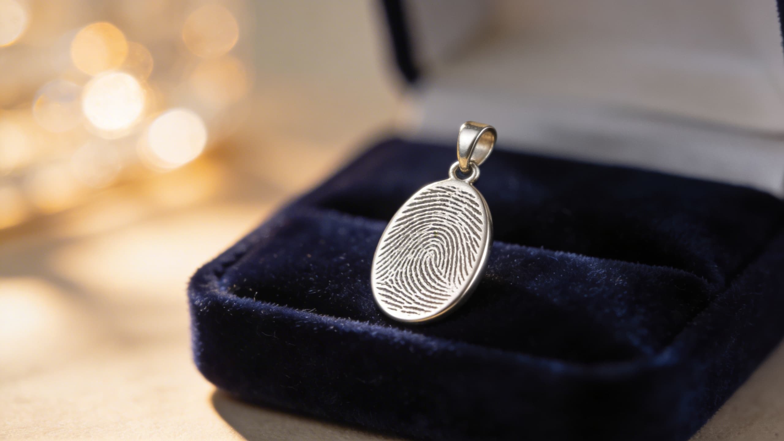A sterling silver fingerprint pendant displayed on dark velvet โ delicate ridge lines visible across the surface of the memorial charm