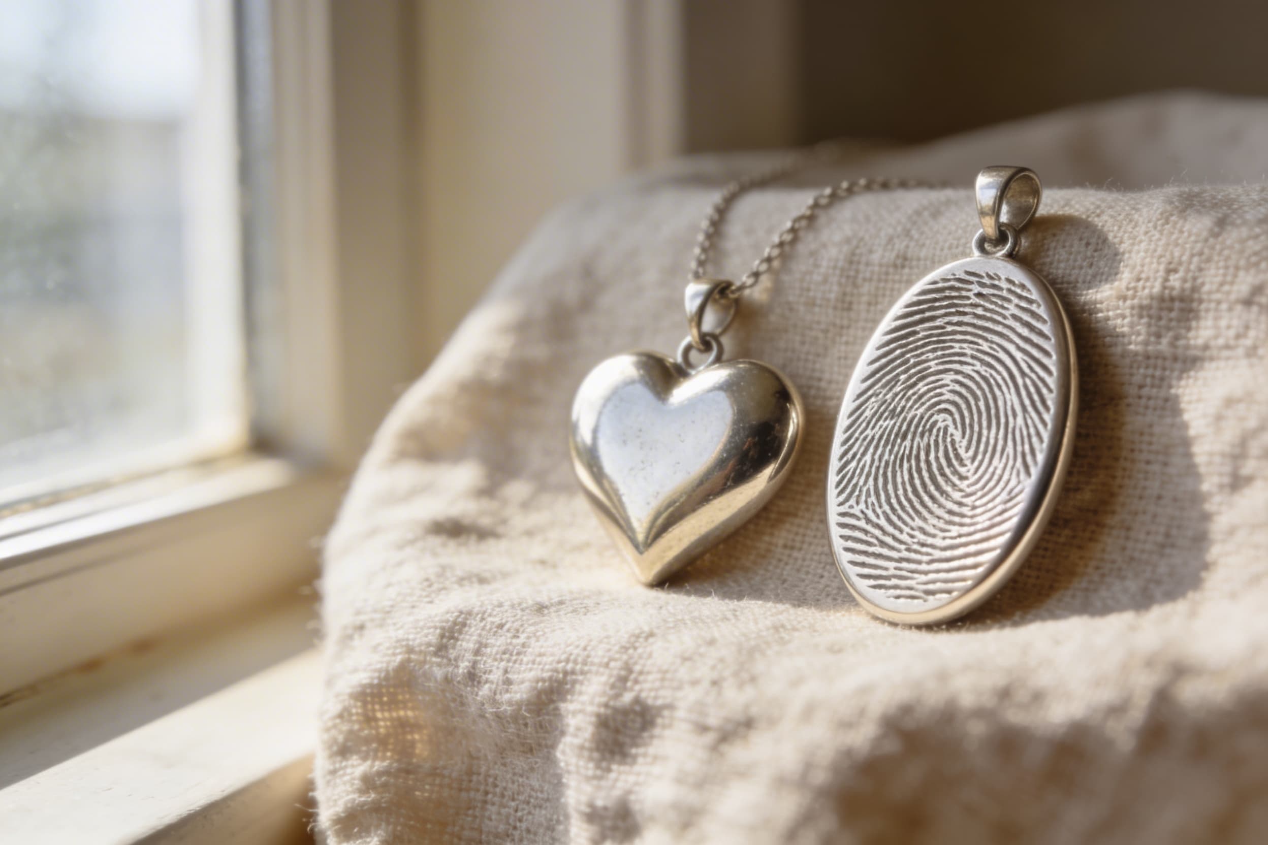 A small collection of fingerprint memorial keepsakes including a heart pendant and oval charm displayed on natural linen โ warm window light, sterling silver pieces