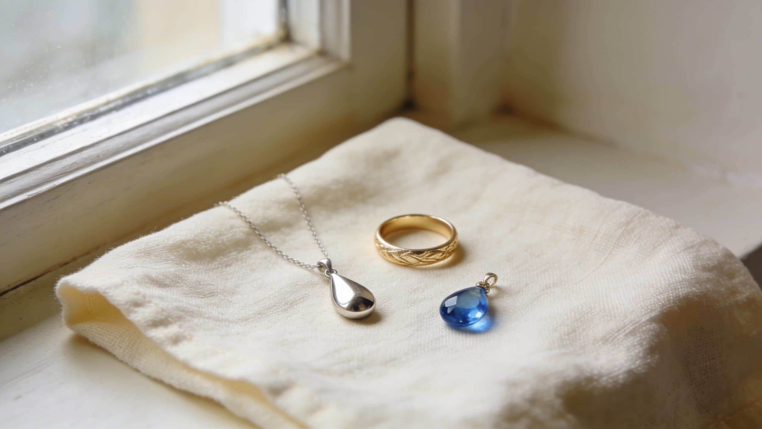 A collection of cremation jewelry pieces โ a silver pendant, a glass teardrop necklace, and a small memorial ring โ arranged on a soft cream linen cloth with natural window light