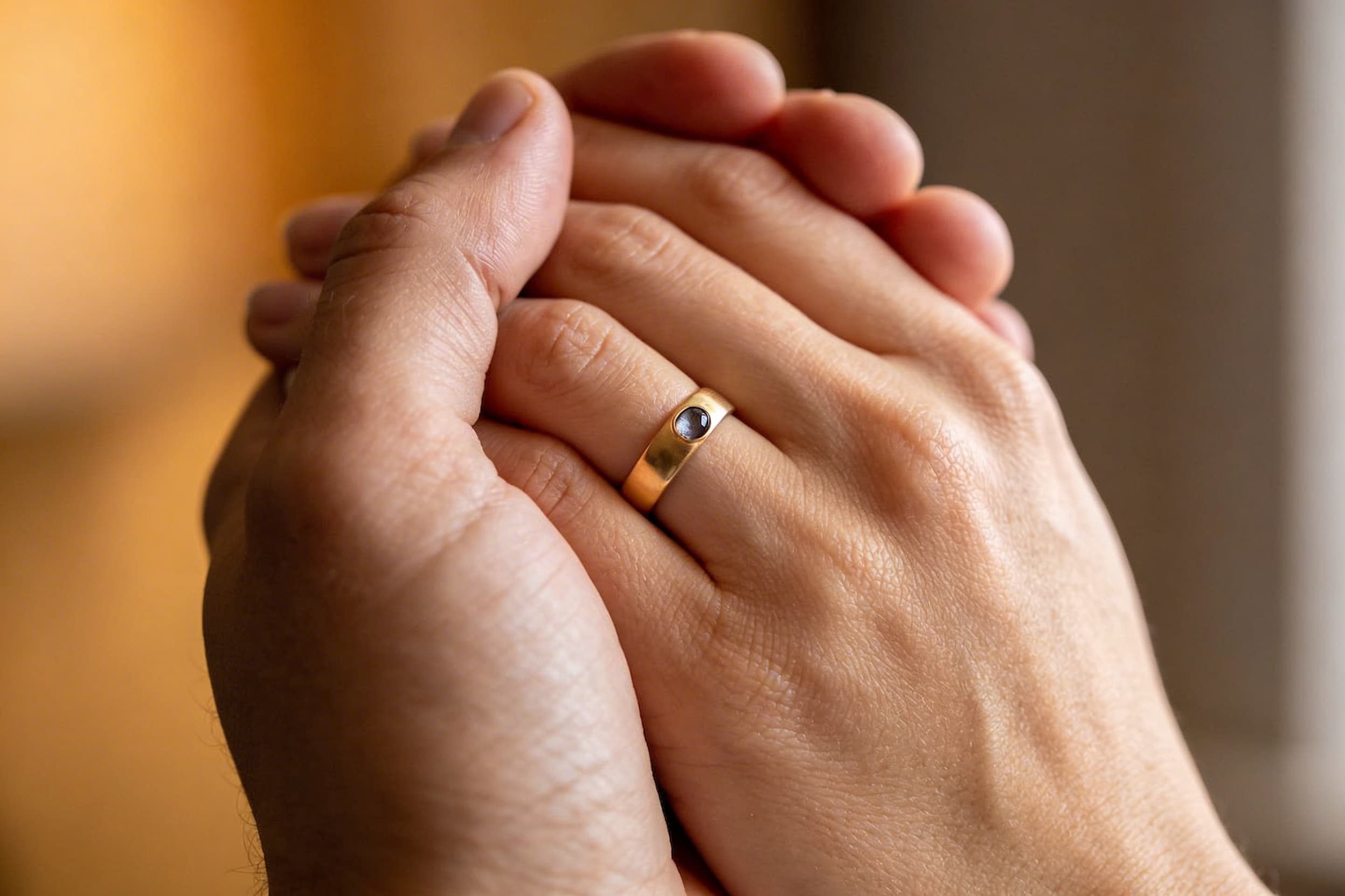 A close-up of two hands clasped together, one wearing a simple gold cremation ring, soft warm interior light and a blurred background