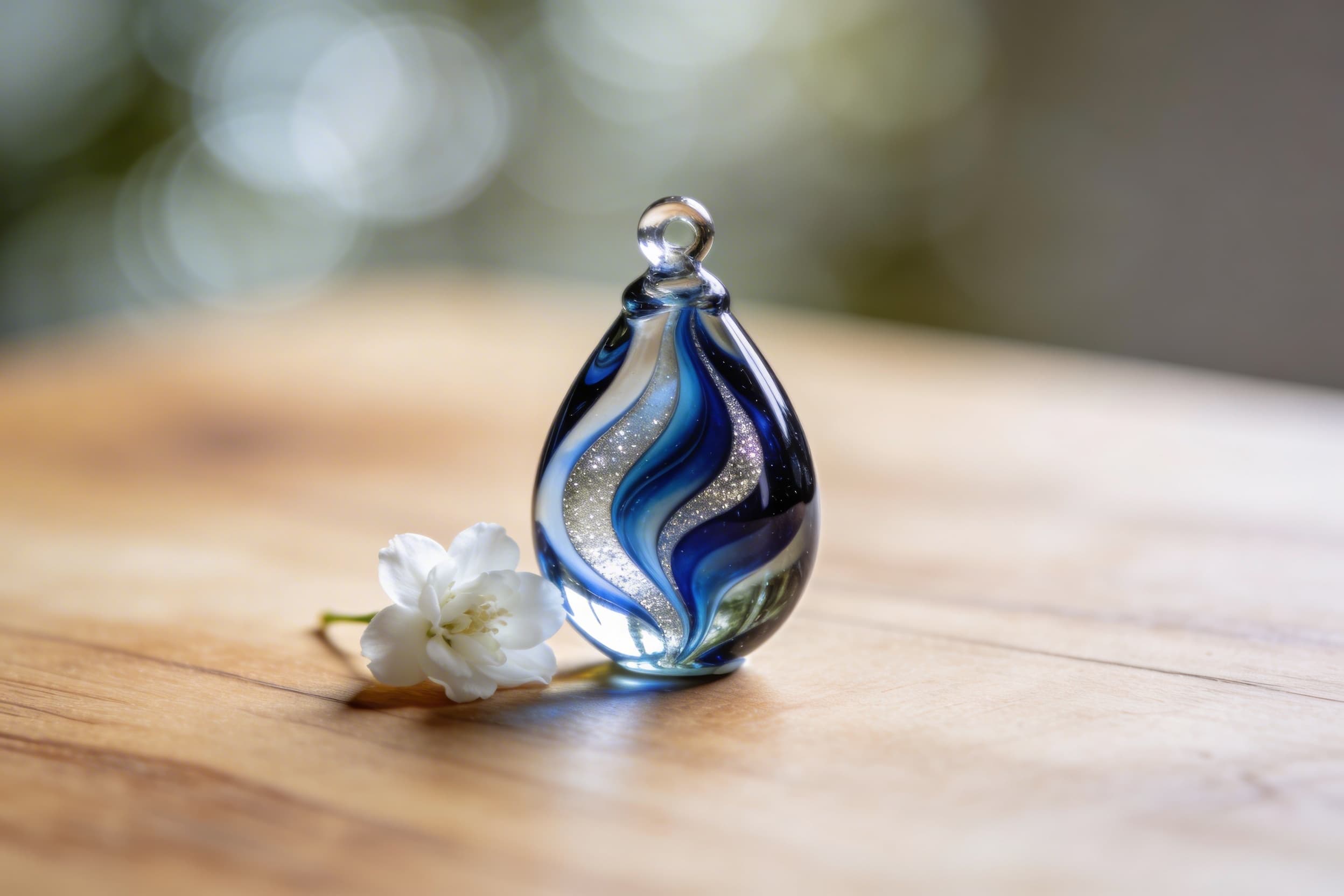 A handcrafted glass cremation pendant with swirling blue and silver tones resting on a natural wood surface beside a single white flower