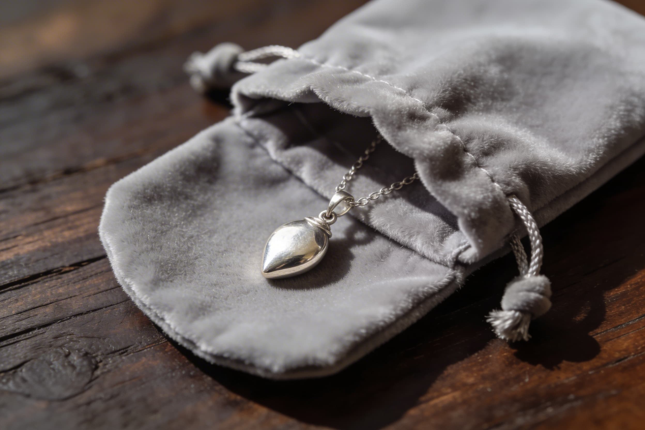 Cremation jewelry pendant in a gray plush bag for protection