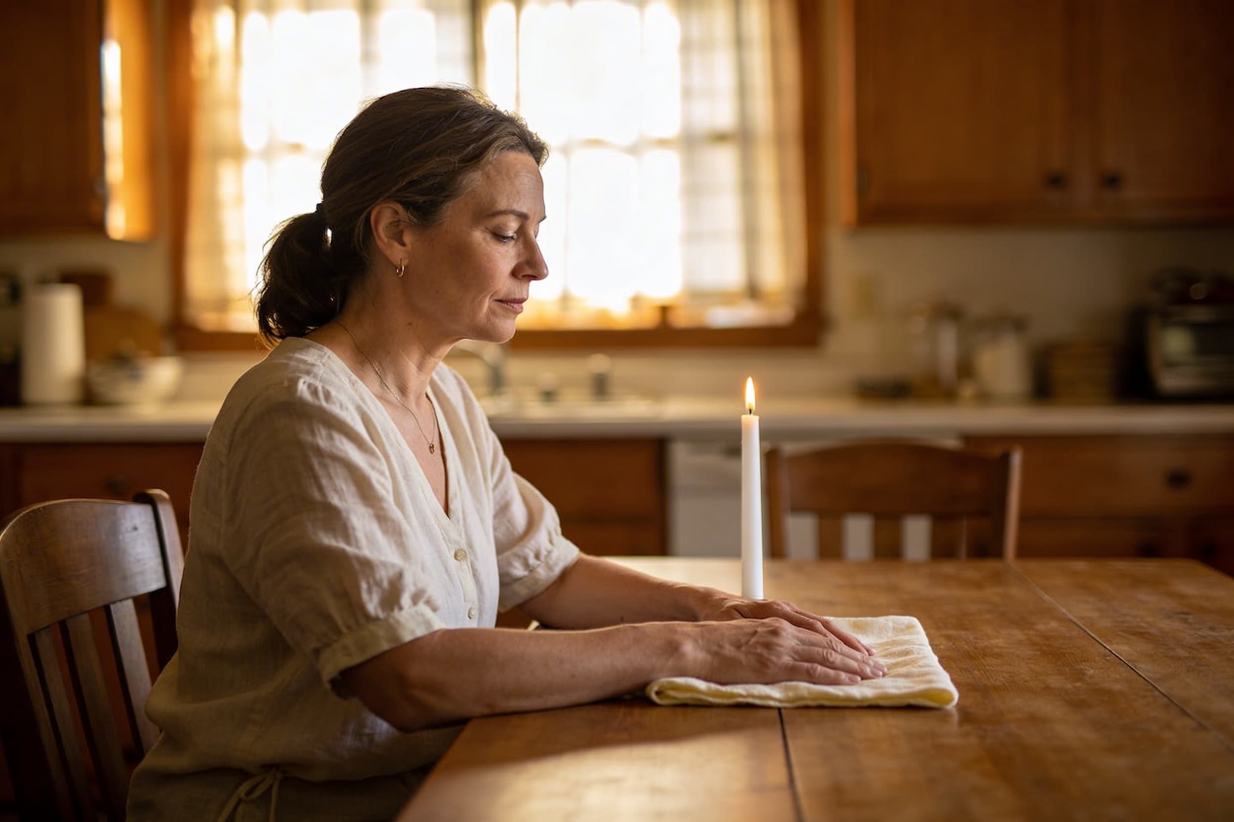 A person sitting quietly at a kitchen table with a cremation pendant, soft natural light, hands calm and steady, a candle lit nearby