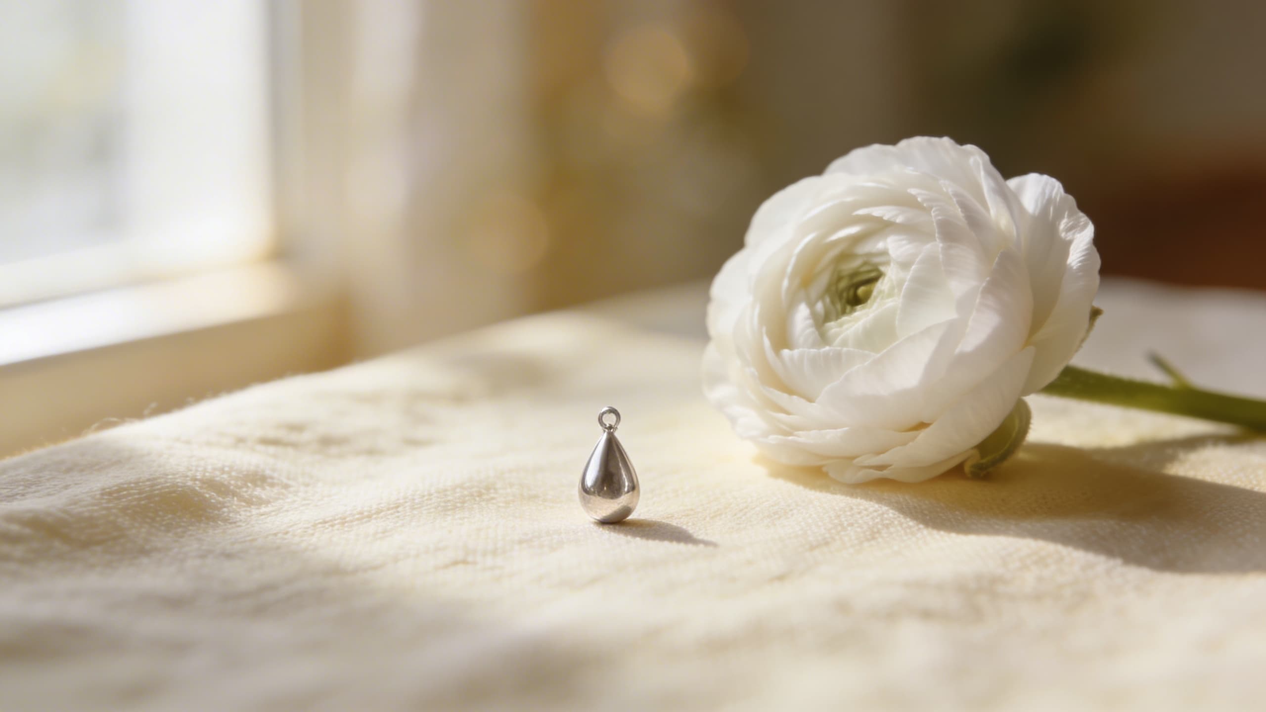 Close-up of a sterling silver cremation pendant resting on a wooden surface beside a single white flower