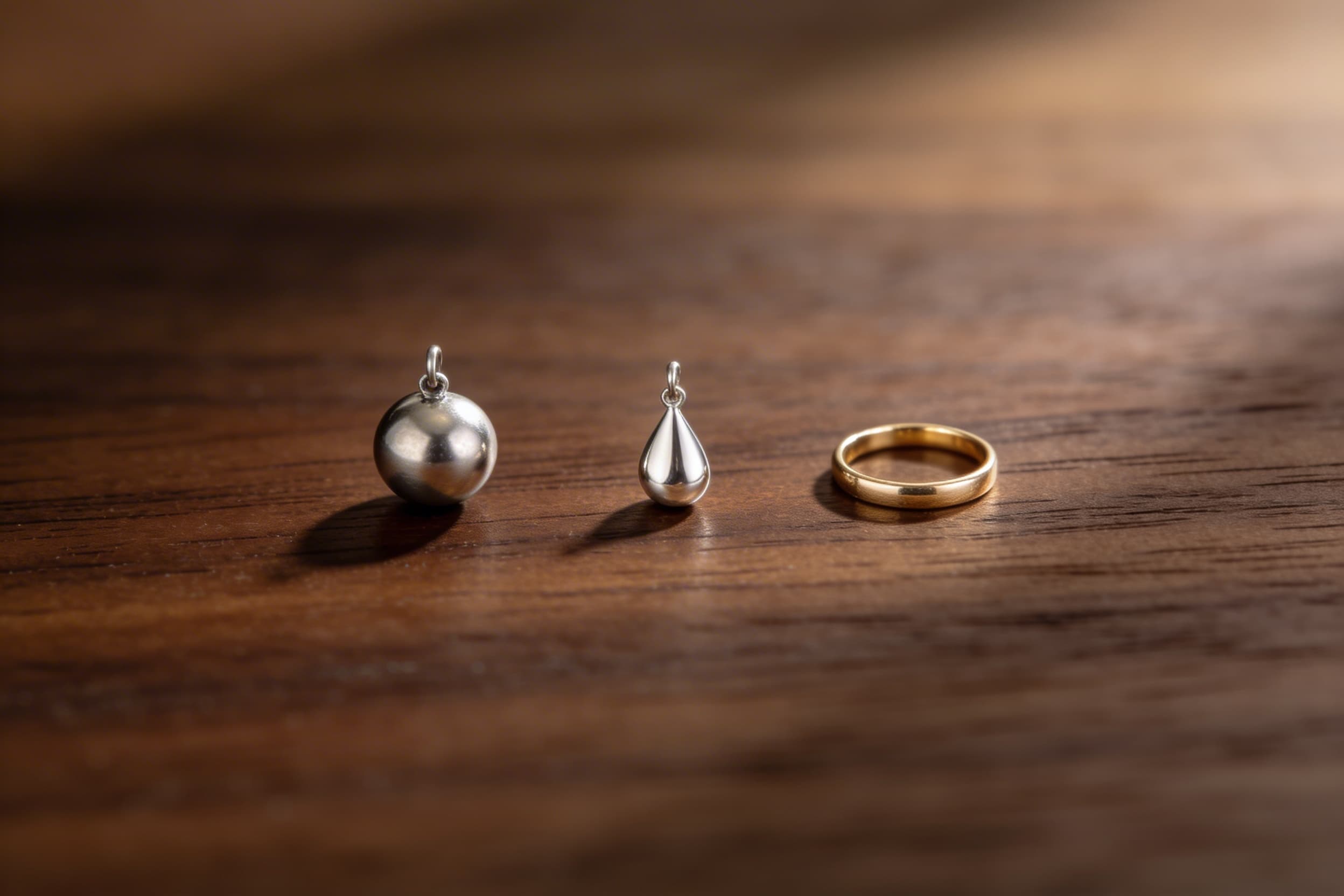 Two cremation jewelry pendants and a cremation ring on a dark wood table