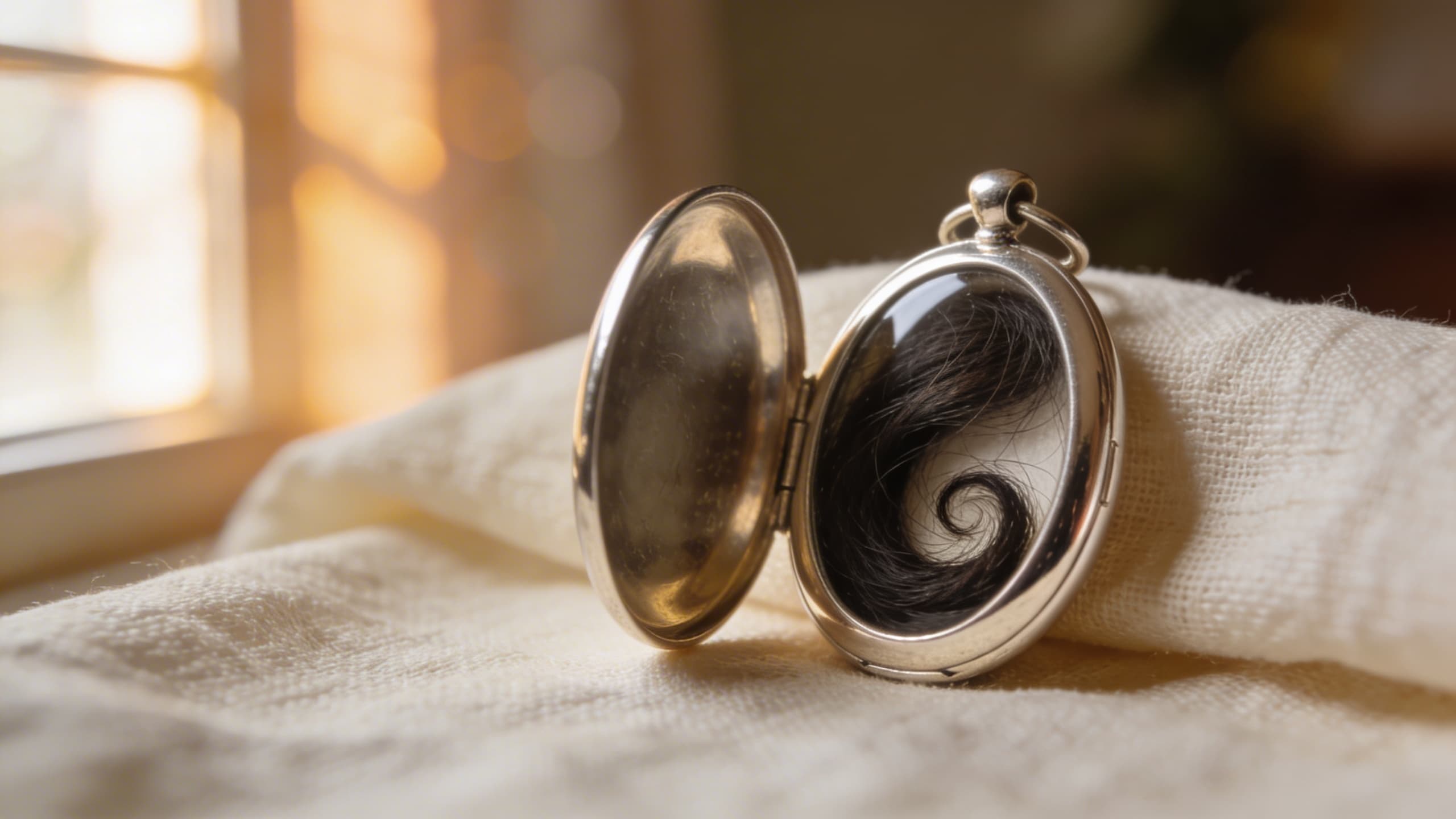 A delicate silver hair locket pendant resting on cream linen fabric in warm window light, representing a lock of hair keepsake