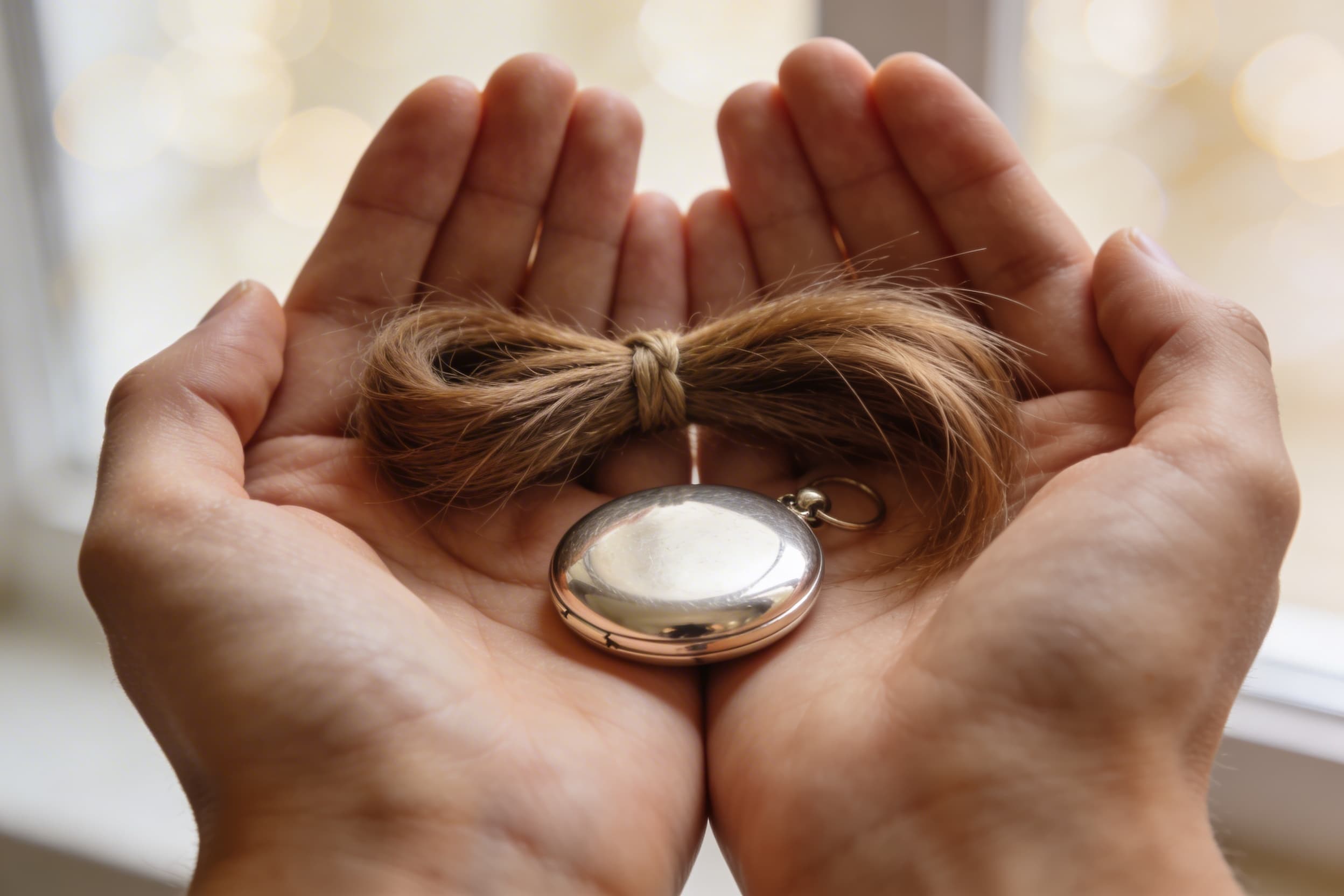 Two hands gently cradling a small tied bundle of hair alongside an open silver locket, representing types of lock of hair keepsakes