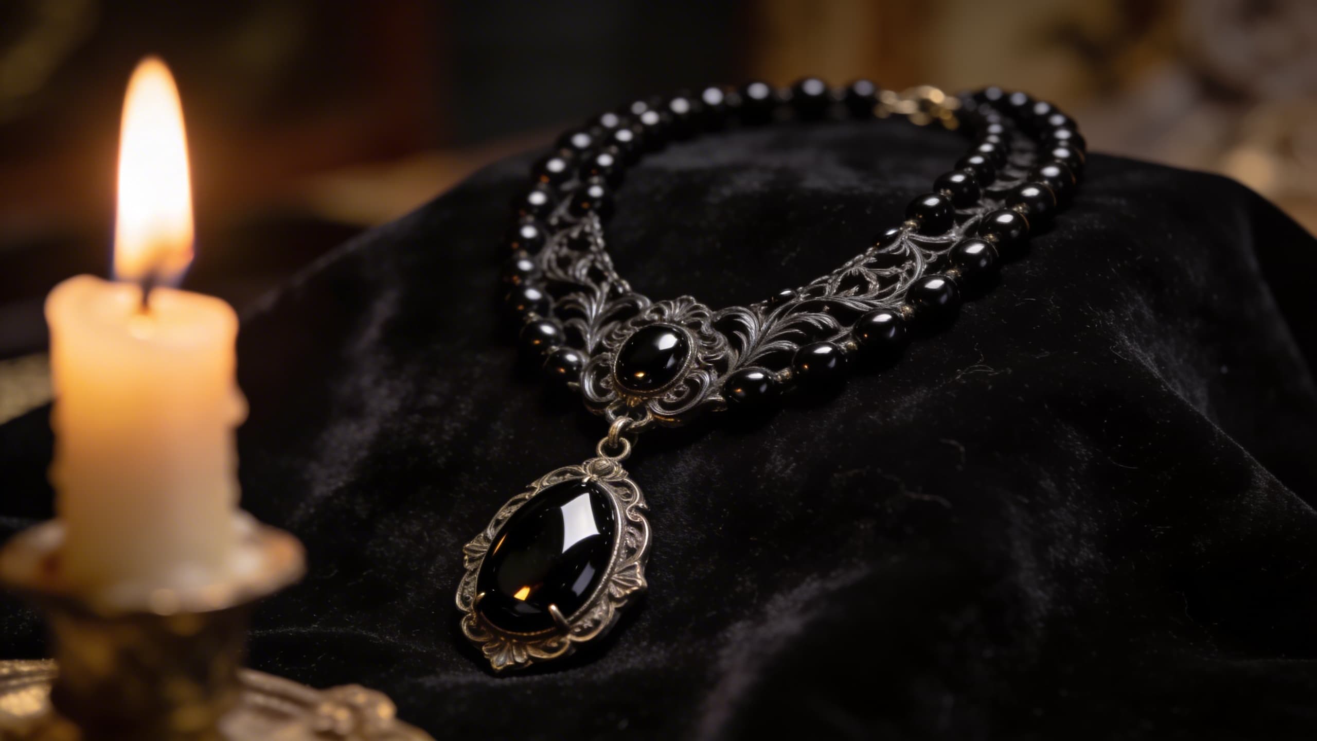 An antique black jet mourning necklace displayed on aged black velvet fabric in warm candlelight