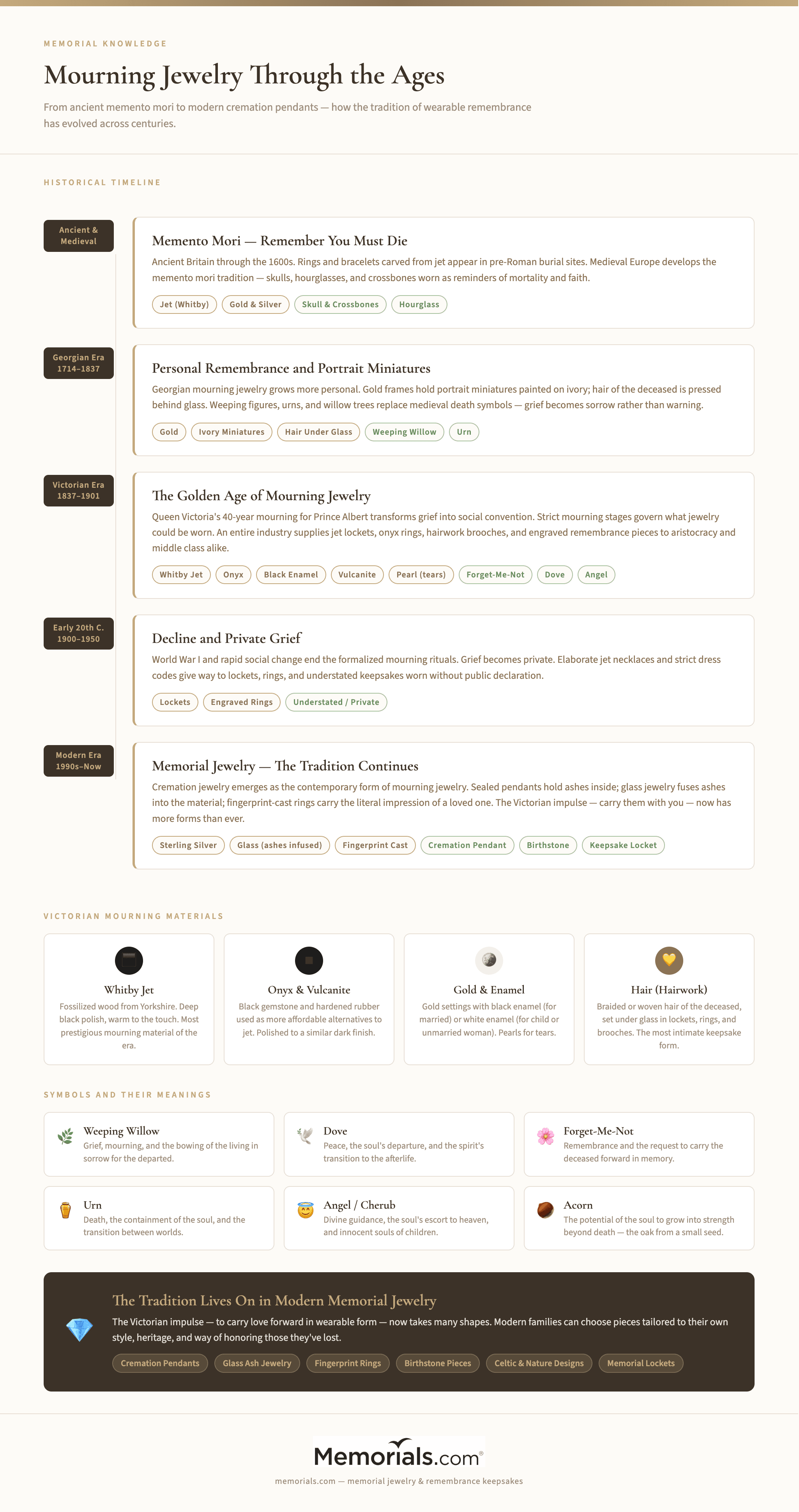 Victorian Mourning Jewelry Timeline: key eras, materials, and symbolic meanings from medieval memento mori through modern cremation jewelry