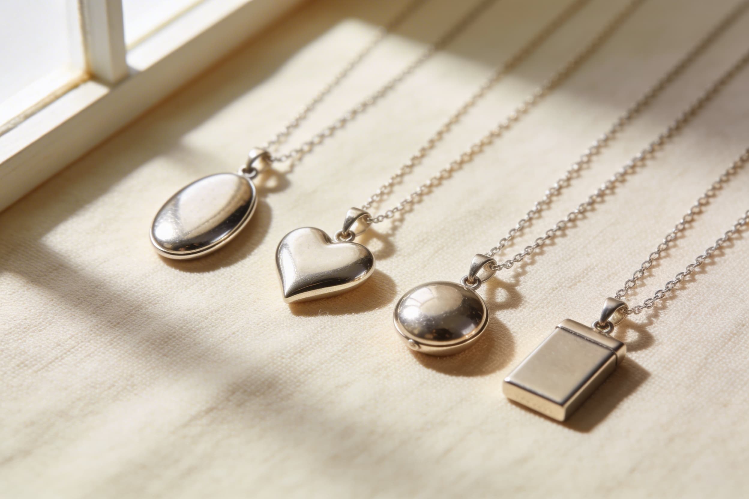 Four small cremation pendants in different styles โ oval, heart, round, and rectangular โ arranged on cream linen with soft window light