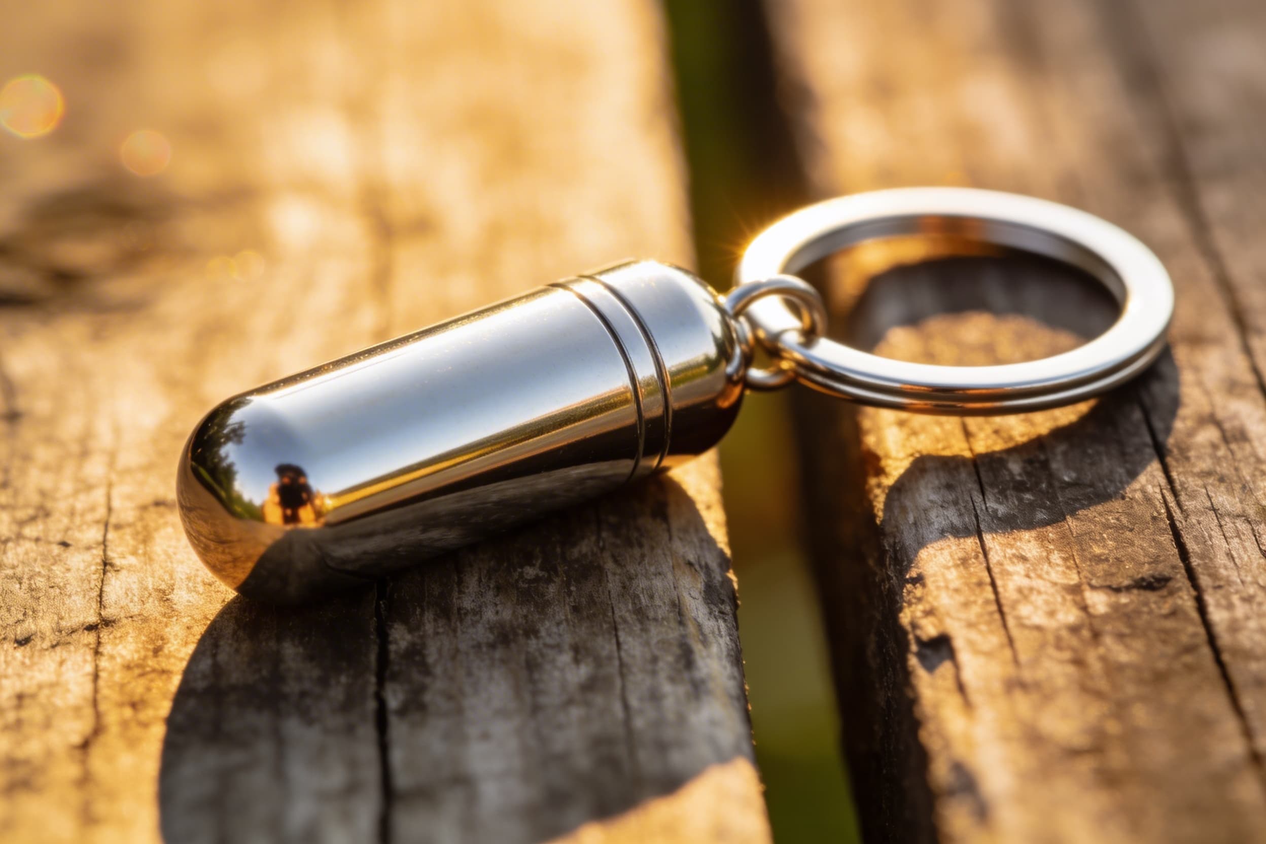 A small silver keychain urn resting on a worn wooden surface beside a set of keys, warm natural light from the side
