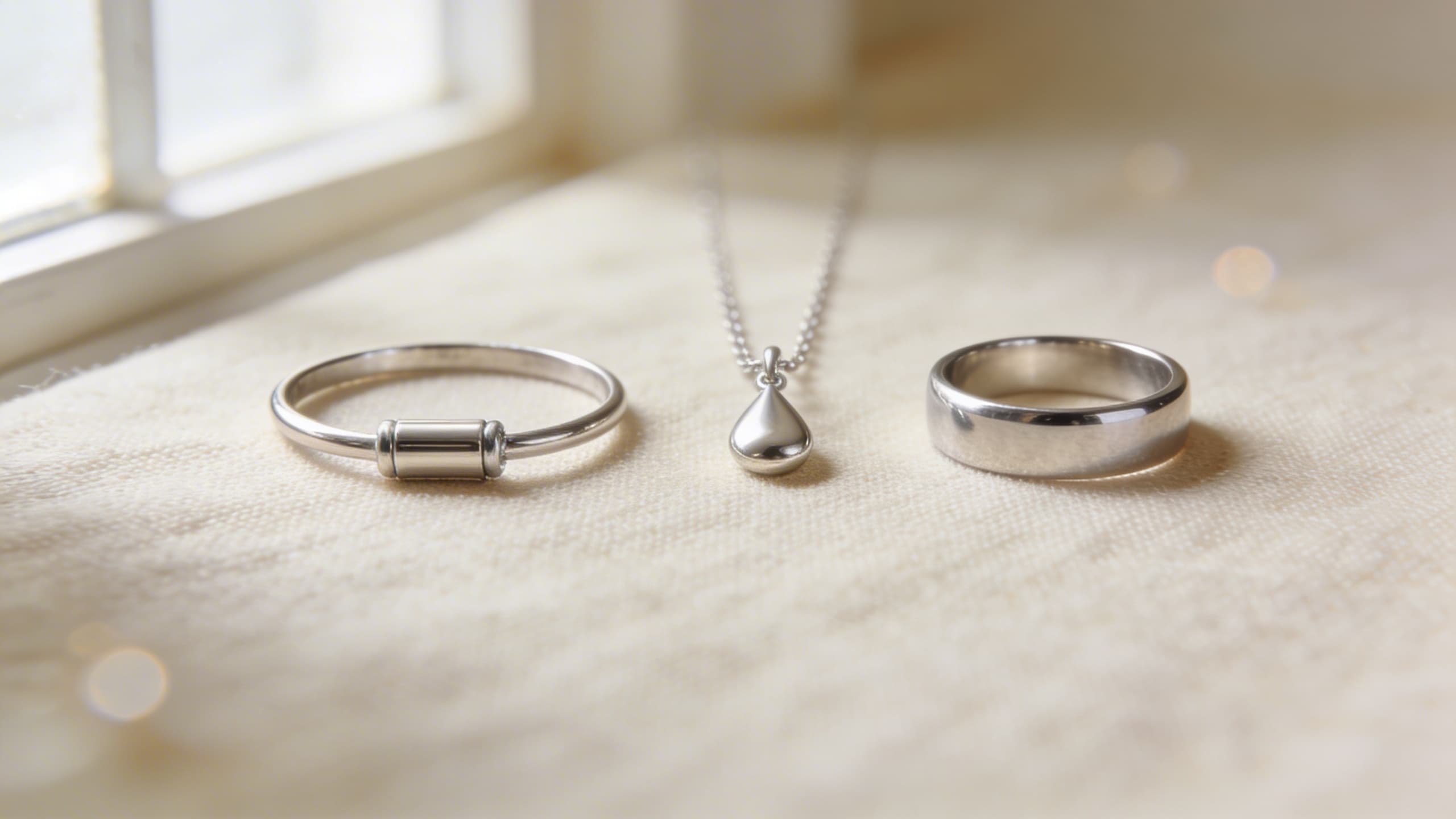 Three pieces of cremation jewelry displayed on a soft cream fabric โ a pendant necklace, a simple bracelet, and a memorial ring