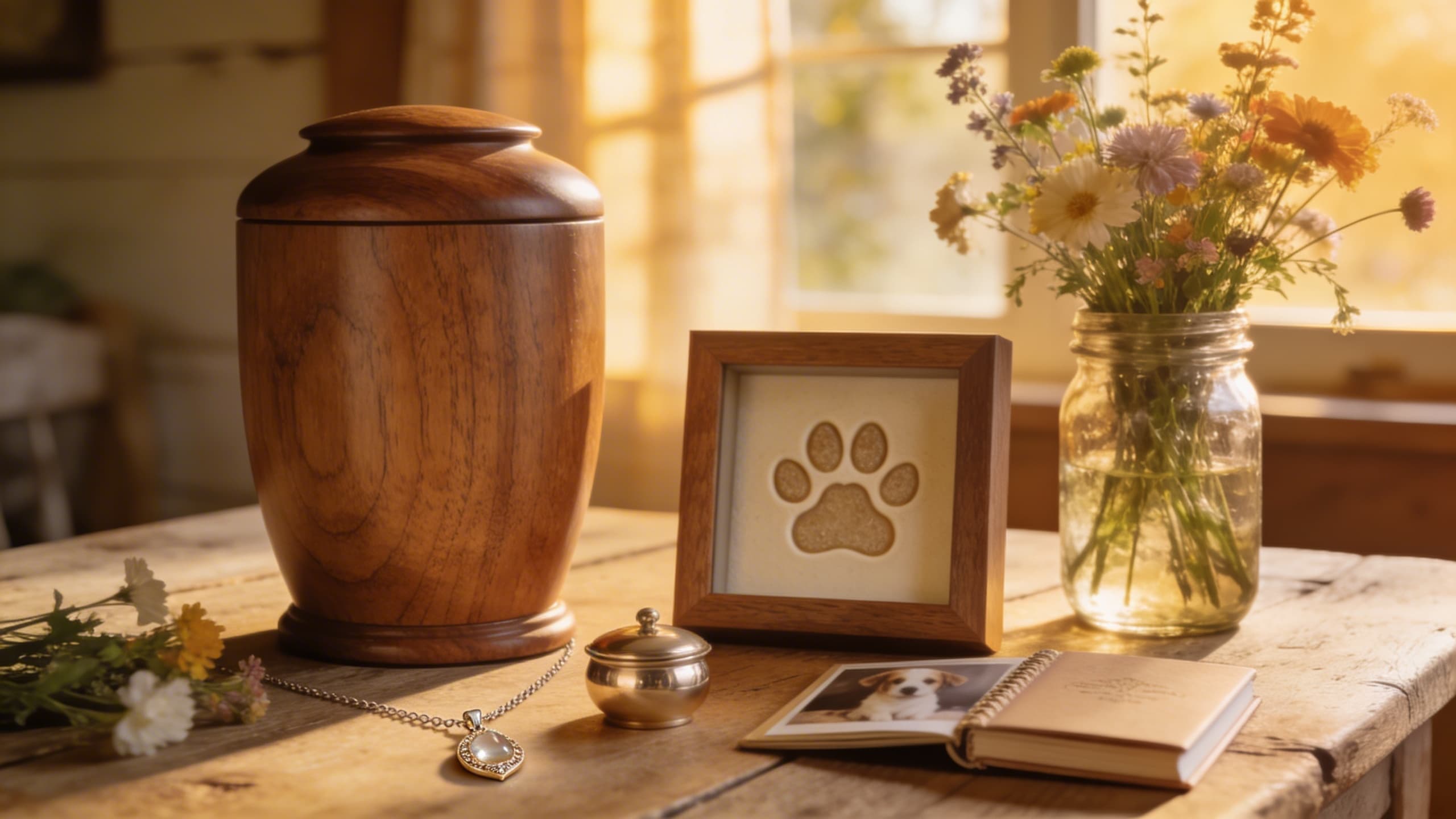 A comprehensive pet memorial display on a rustic farmhouse table with a wooden urn, cremation pendant, paw print keepsake, and photo album