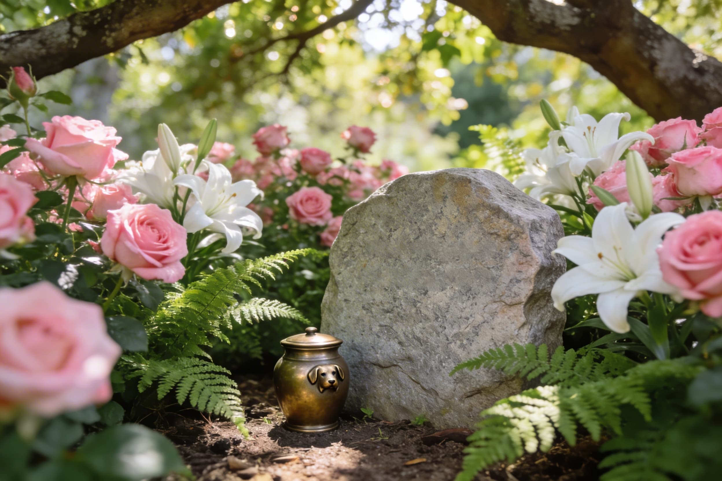 A memorial garden with a stone pet memorial marker set among blooming roses, lilies, and ferns