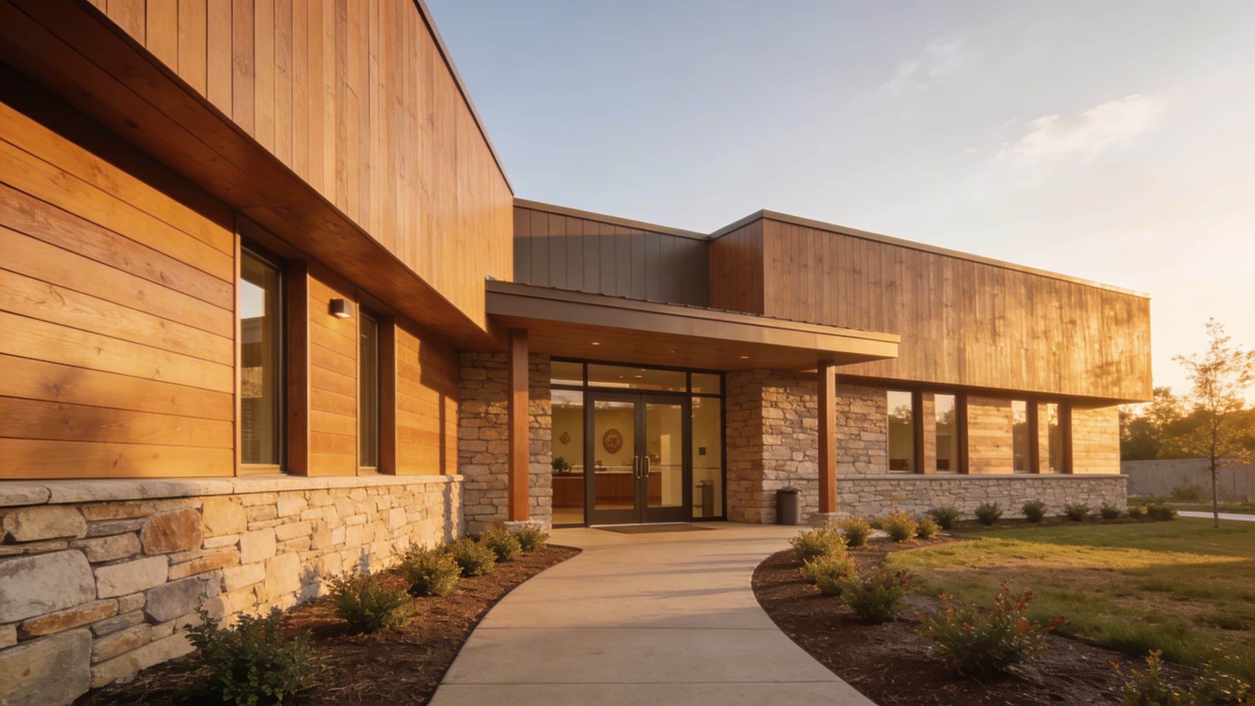 The exterior of a warm and inviting pet cremation facility with natural wood and stone architecture