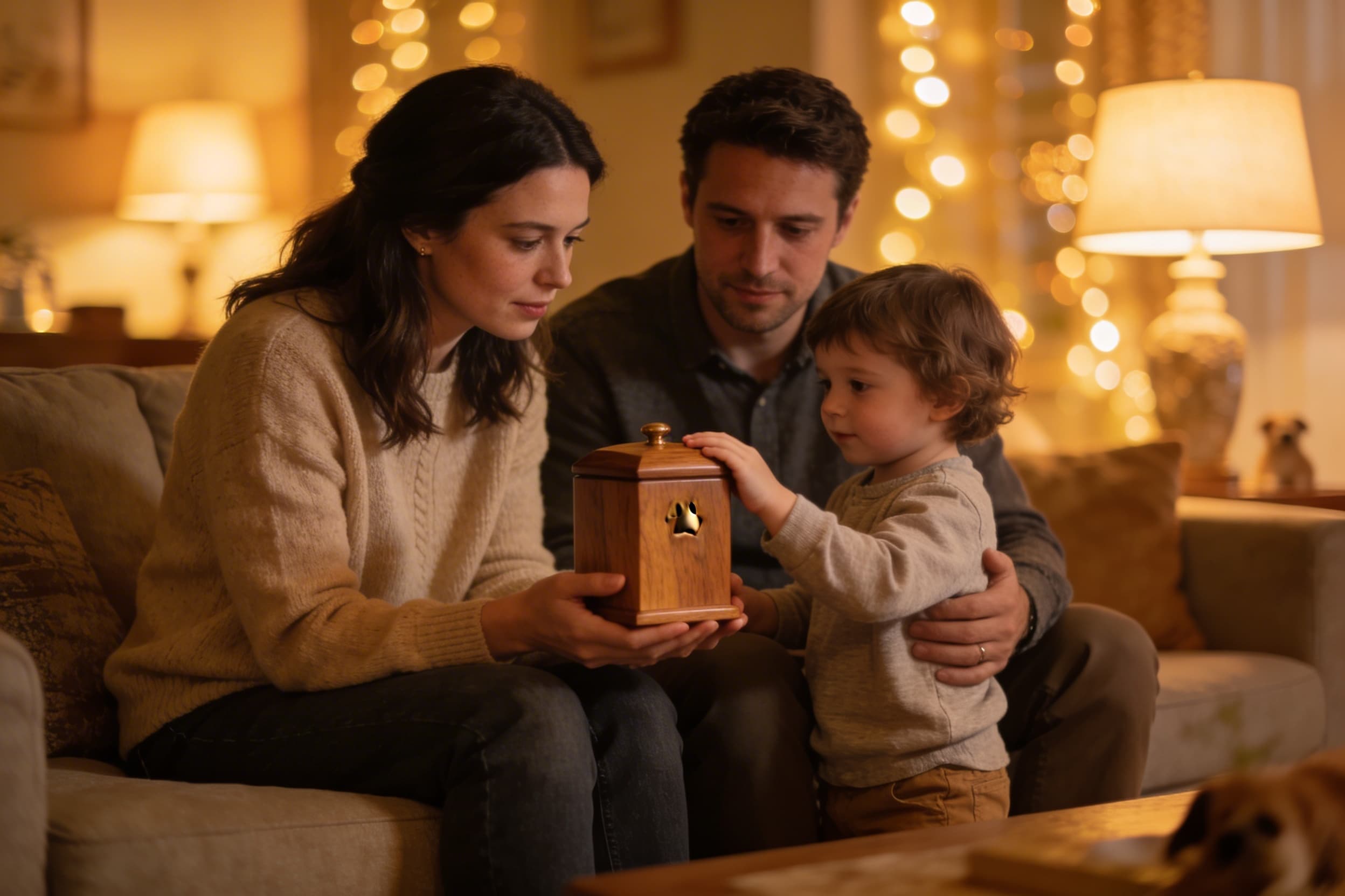 A family sitting together on a couch looking at a wooden pet urn the mother holds gently