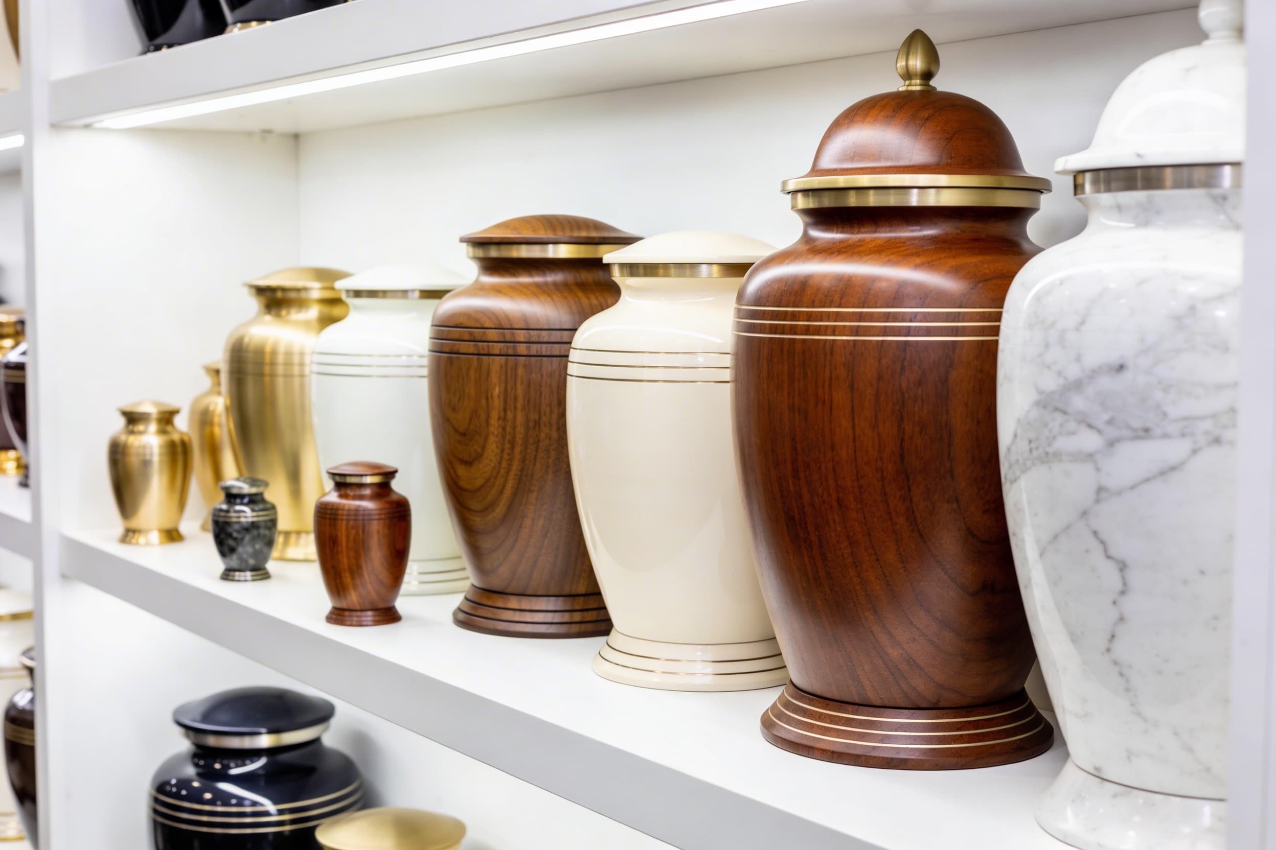 A row of pet cremation urns in different sizes displayed on a clean white shelf in a showroom