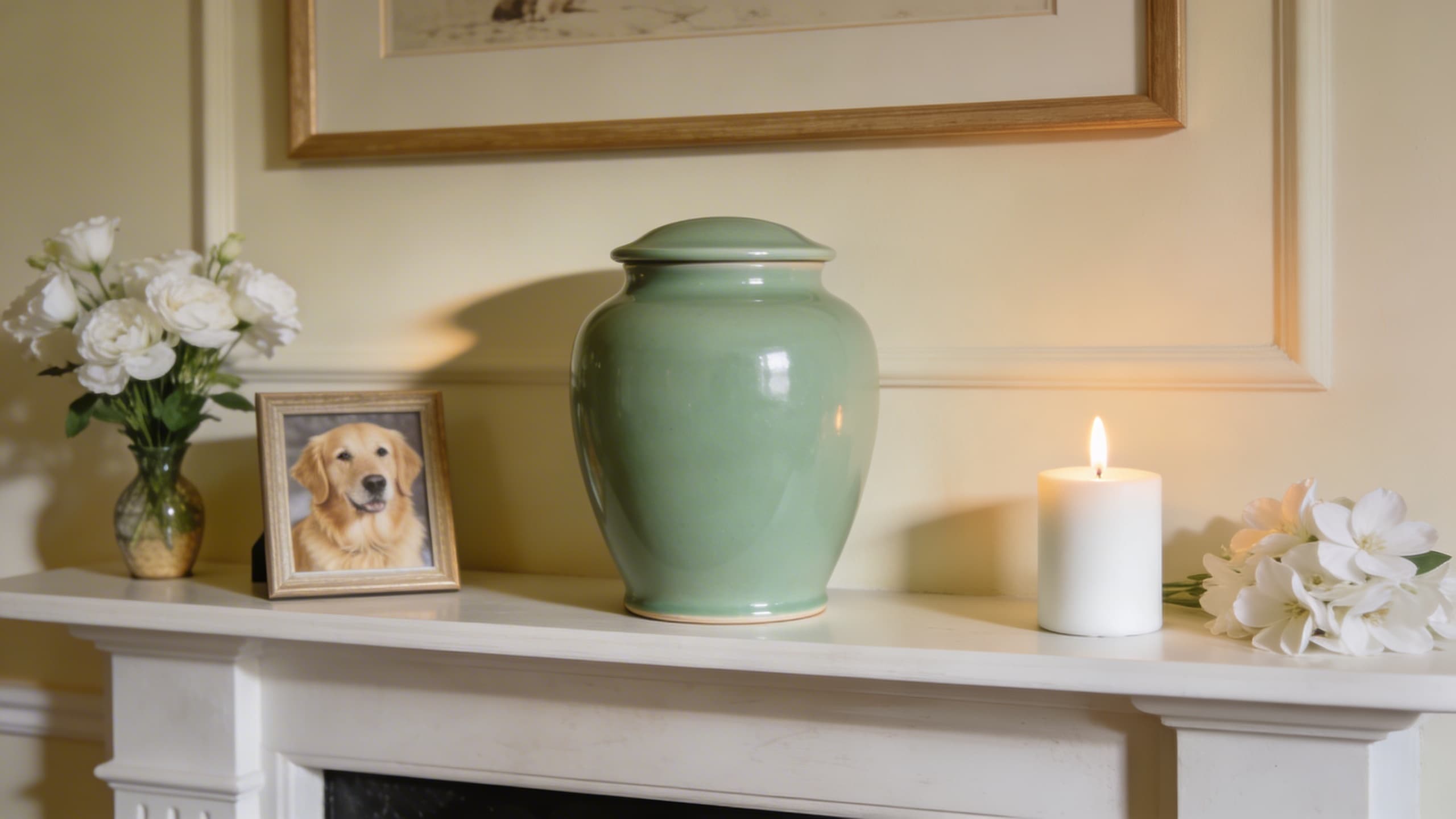 A beautiful pet memorial display on a white fireplace mantel with a sage green ceramic urn, framed photo, and white candle