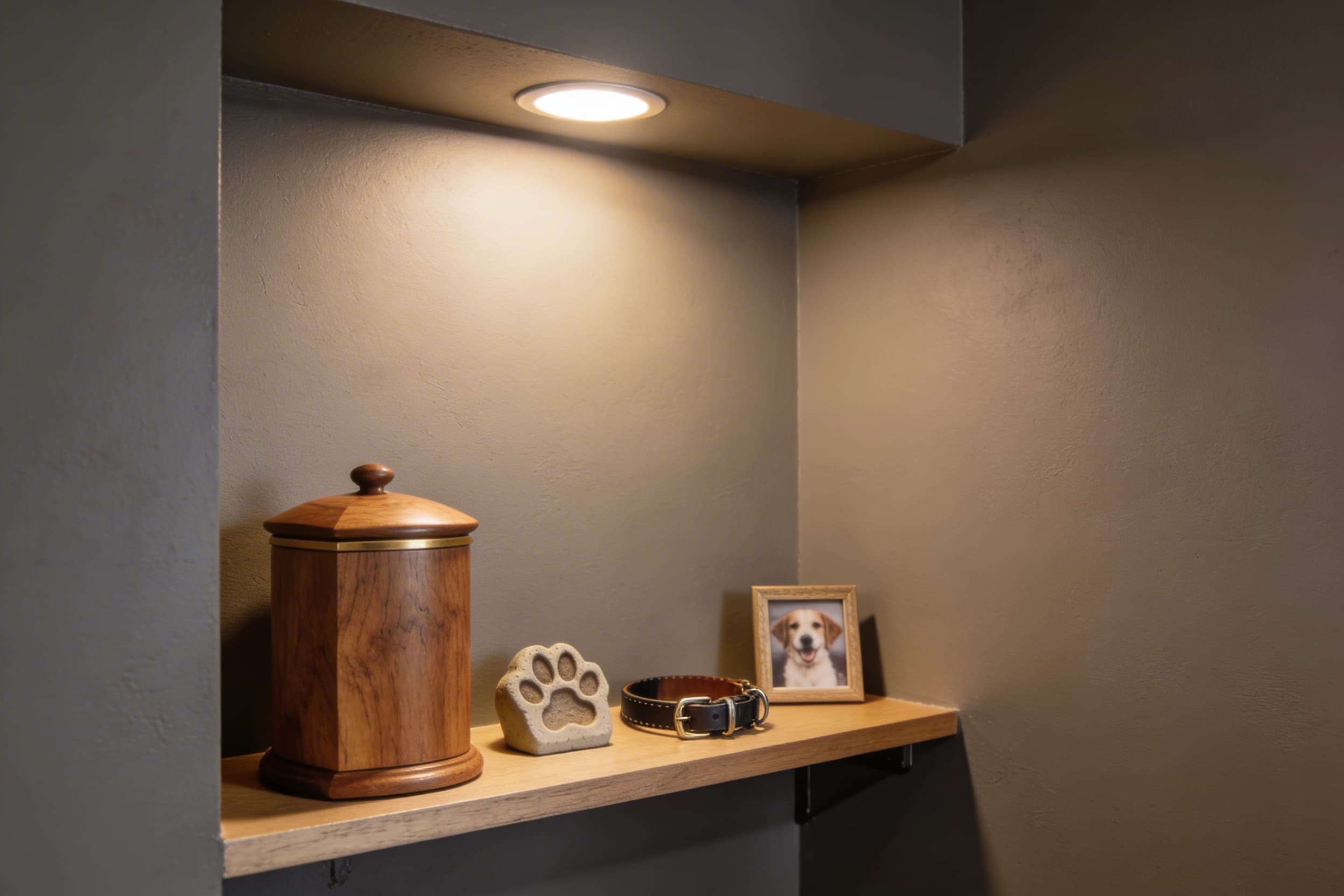 A dedicated pet memorial shelf on a warm gray wall with a wooden urn, paw print casting, pet collar, and framed photo
