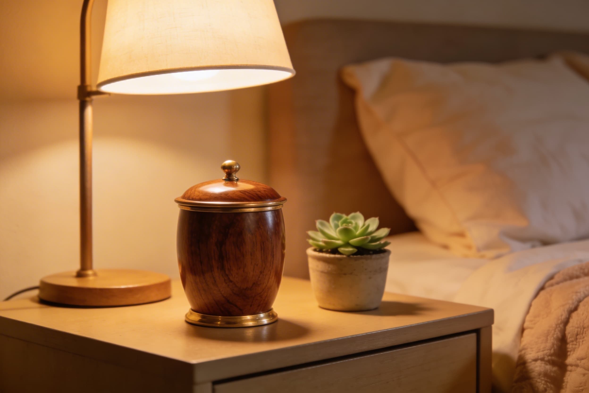 A pet cremation urn on a bedroom nightstand next to a reading lamp and potted succulent
