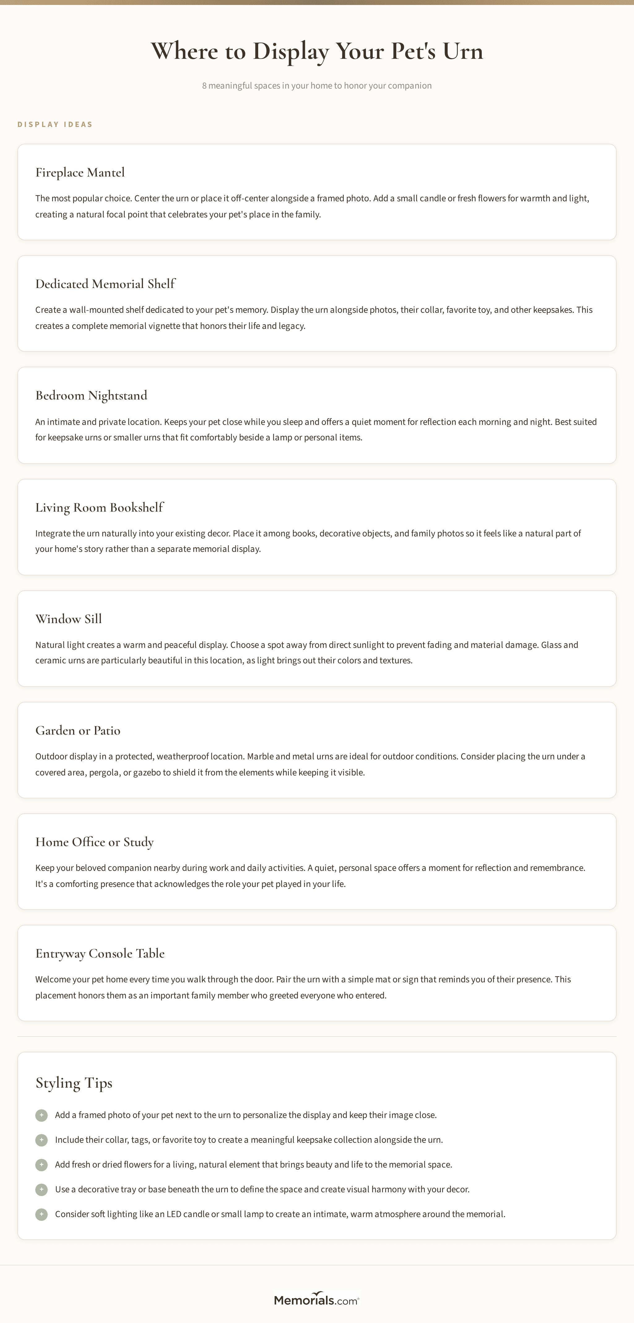 Visual guide to 8 display locations with styling tips for pet memorial shelves