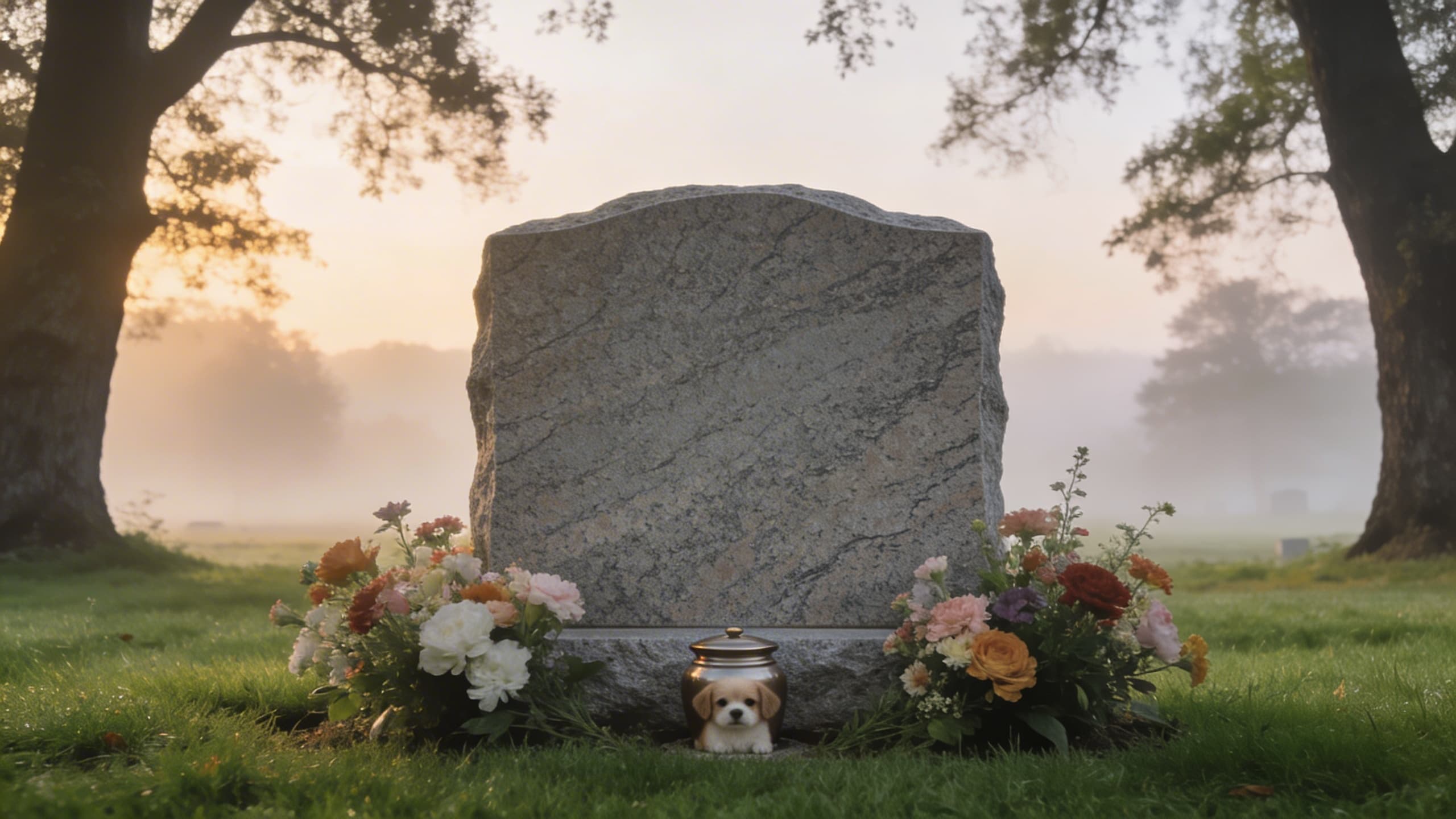 A peaceful cemetery scene at dawn with a granite headstone and a small pet urn at its base among fresh flowers