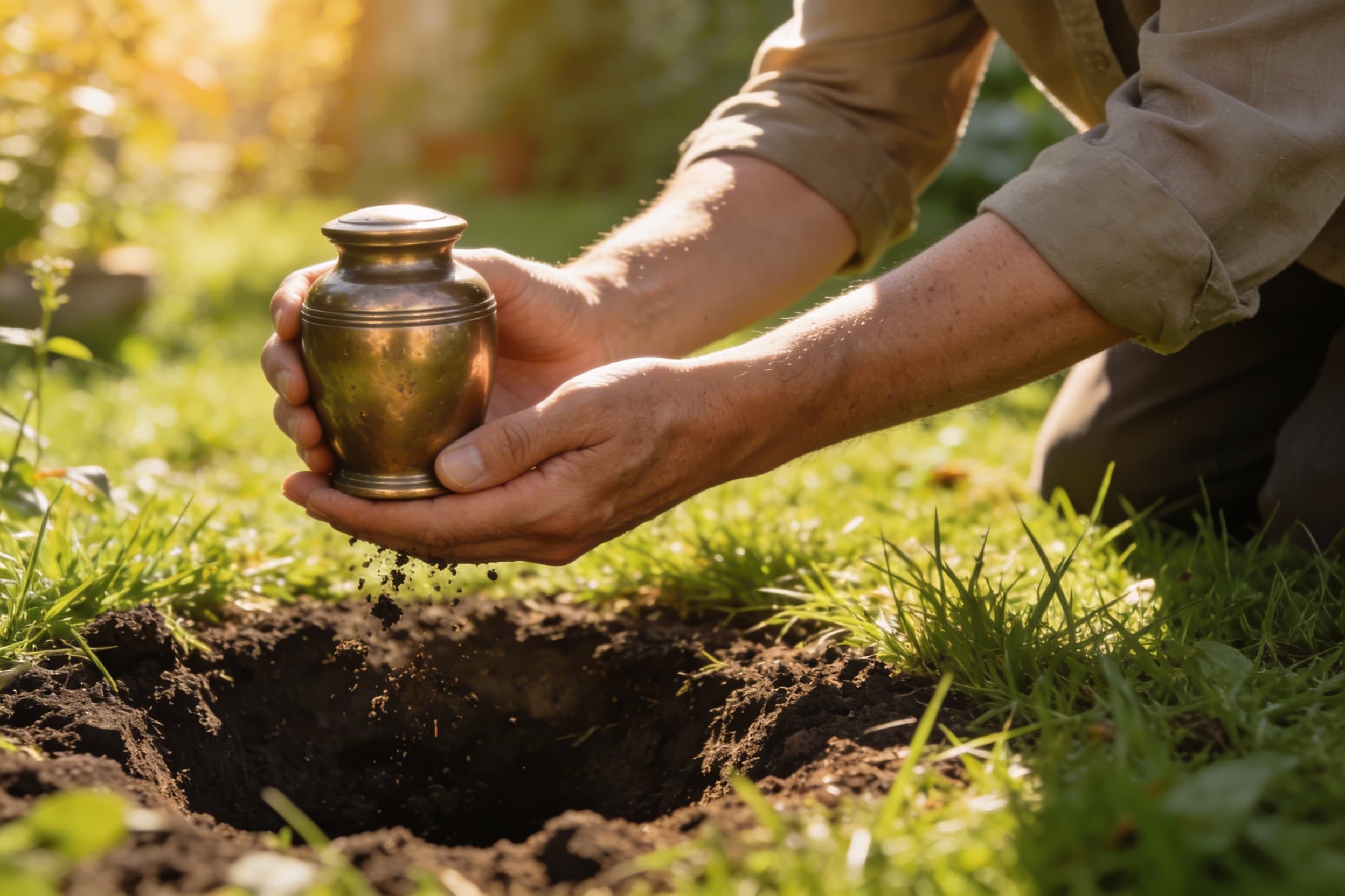 A person's hands holding a small bronze pet urn above a prepared burial spot in a green garden