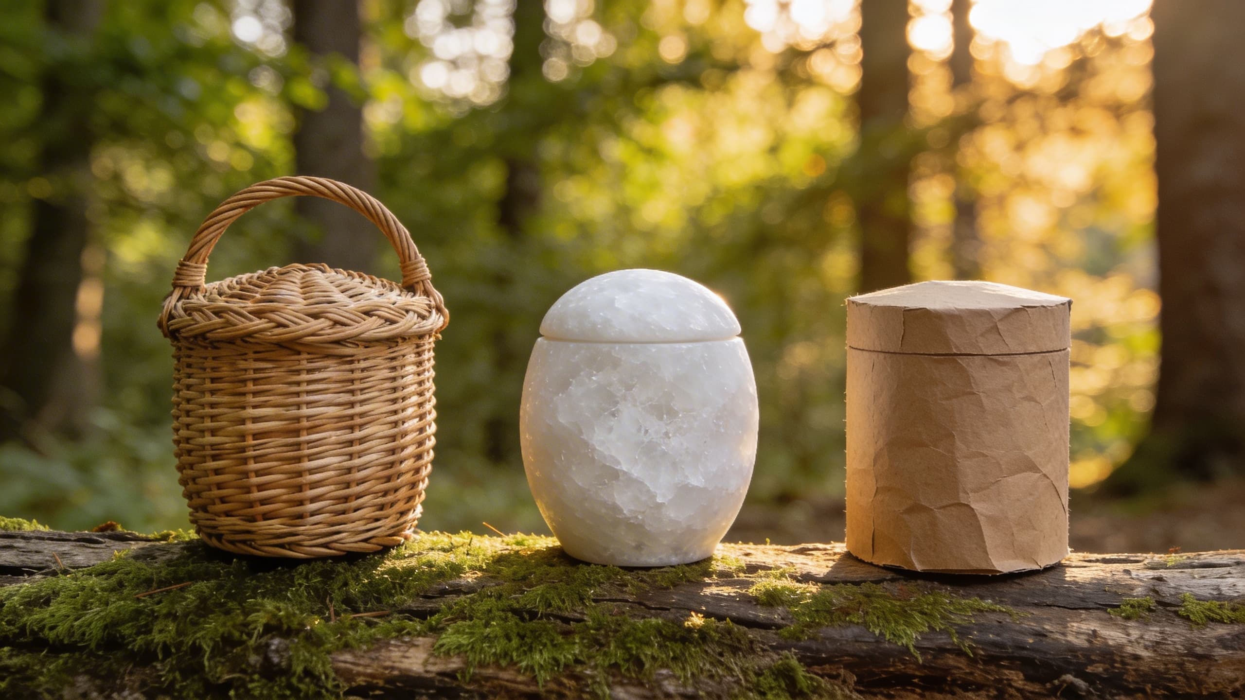 Three biodegradable pet cremation urns on a moss-covered log in a forest β willow basket, white salt, and pressed paper