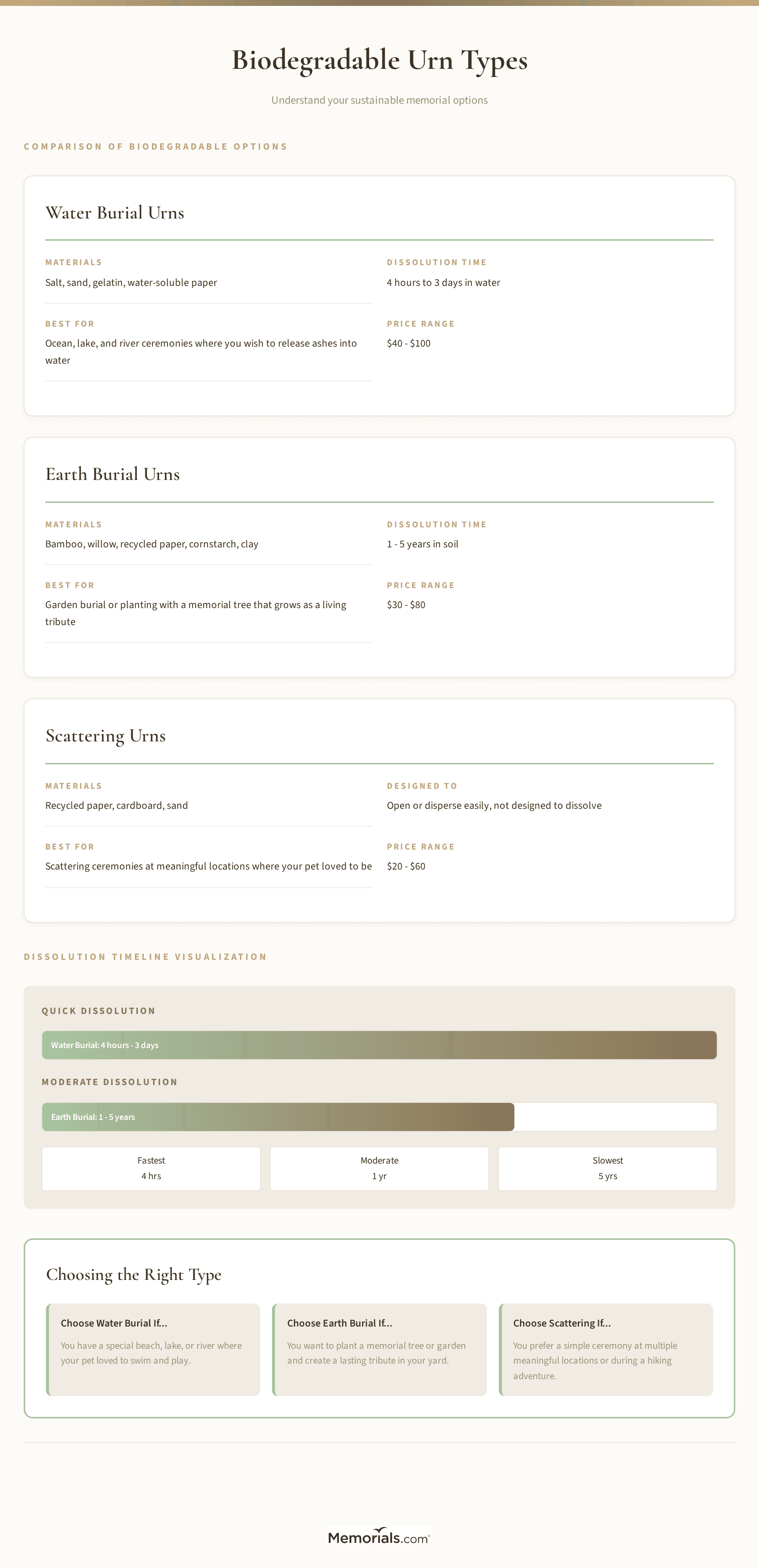 Comparison of biodegradable urn types: water burial, earth burial, scattering β with dissolution timeline and best use cases