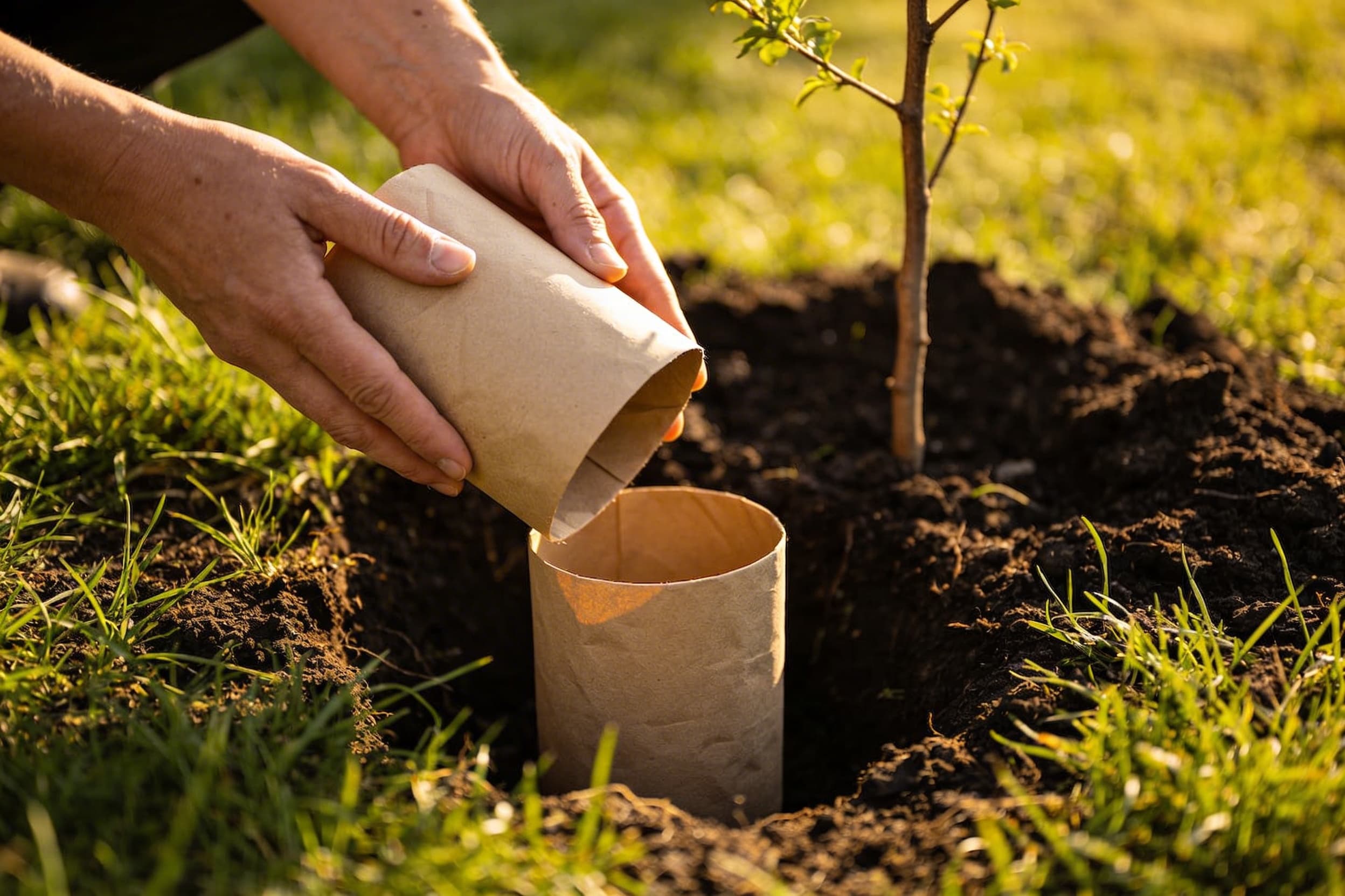 A biodegradable paper pet urn being placed into rich dark soil with a tree sapling nearby