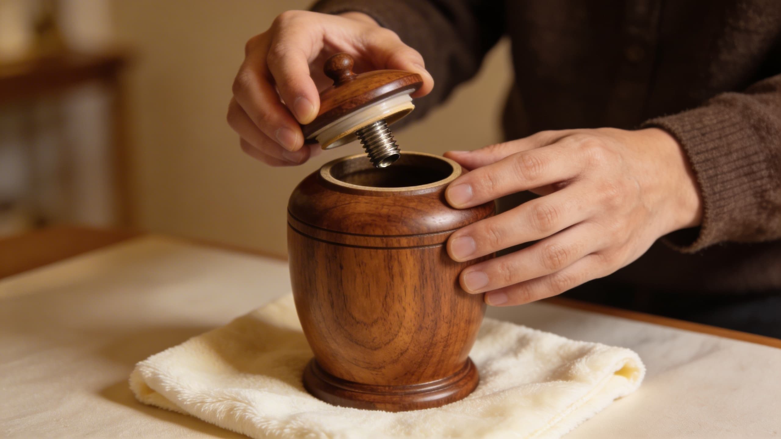 A person's hands carefully opening a wooden pet cremation urn with a threaded lid on a cream cloth