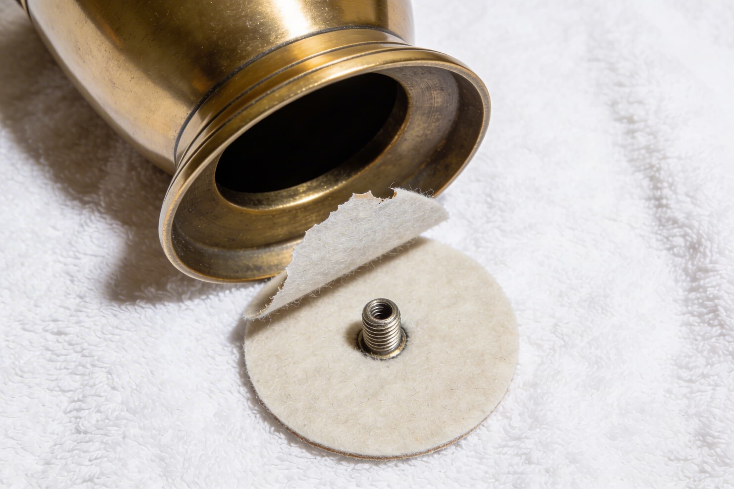 The bottom of a brass pet urn turned upside down showing a felt pad peeled back to reveal a threaded plug