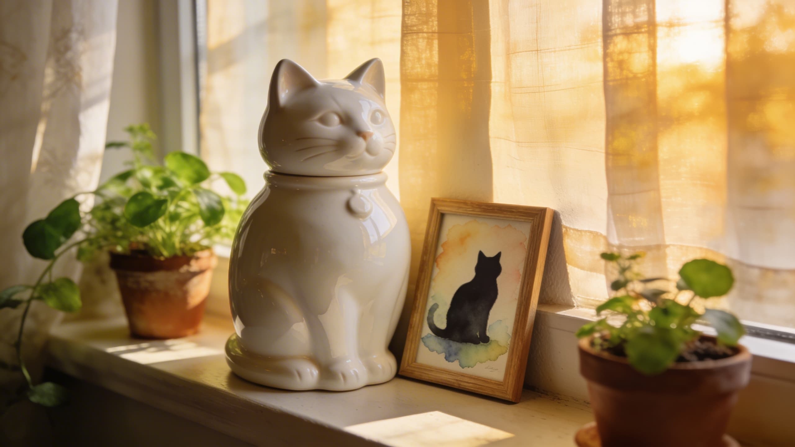 A serene cat memorial display on a window sill with a delicate ceramic cat-shaped urn among small plants