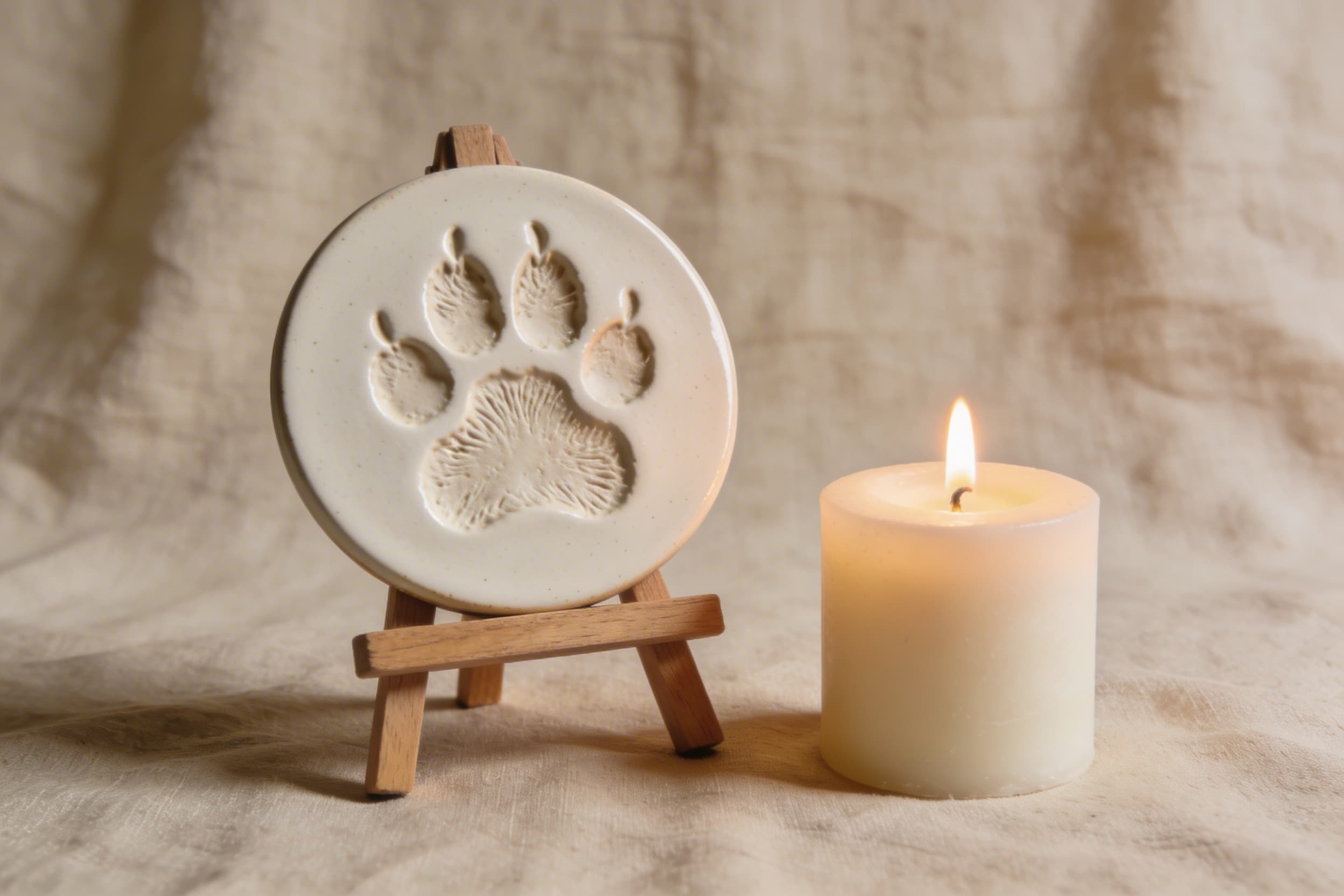 A custom paw print impression in a circular ceramic disk displayed on a wooden easel next to a lit candle